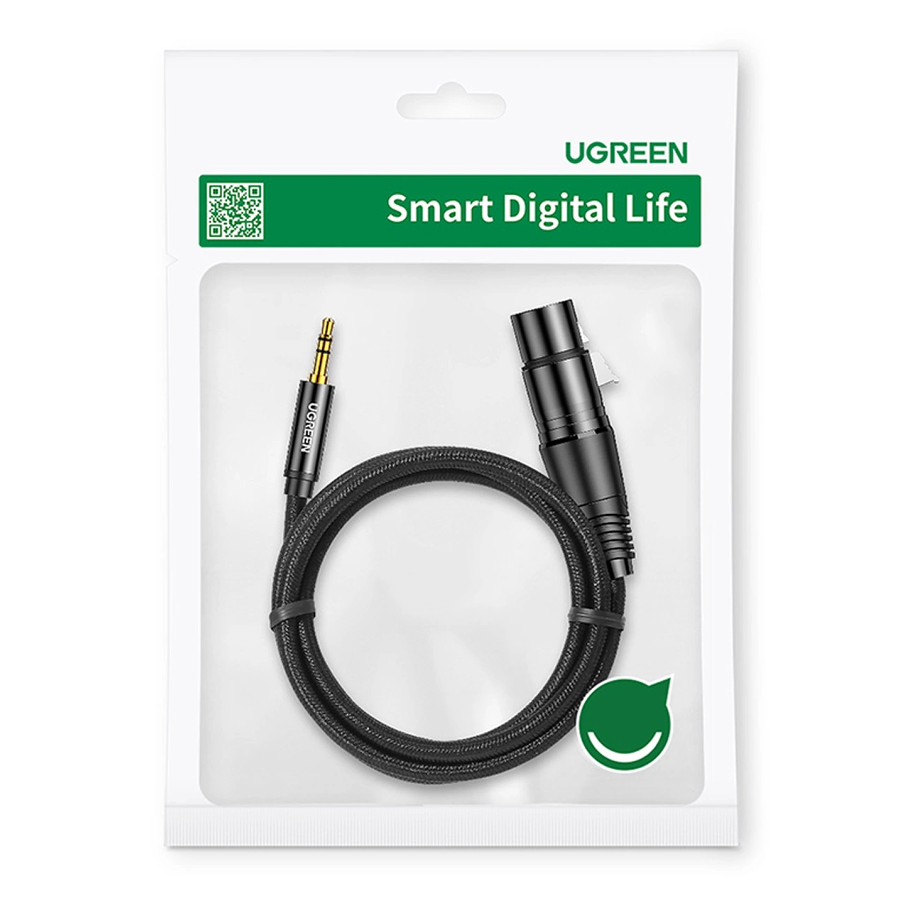 Kabel UGREEN w przezroczystym opakowaniu. Kabel jest czarny. Opakowanie ma zielony tekst 'Smart Digital Life'.