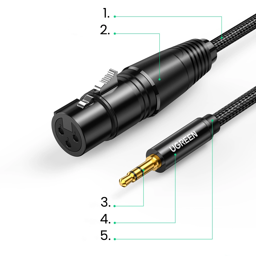 Czarny kabel audio XLR do 3,5 mm. Złącze XLR po lewej, jack 3,5 mm po prawej. Widoczna marka UGREEN.
