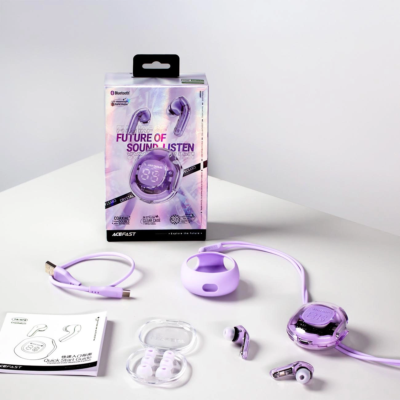 Foto prodotto di auricolari ACEFAST viola. Include scatola, custodia di ricarica, cavo, auricolari e manuale su una superficie bianca.