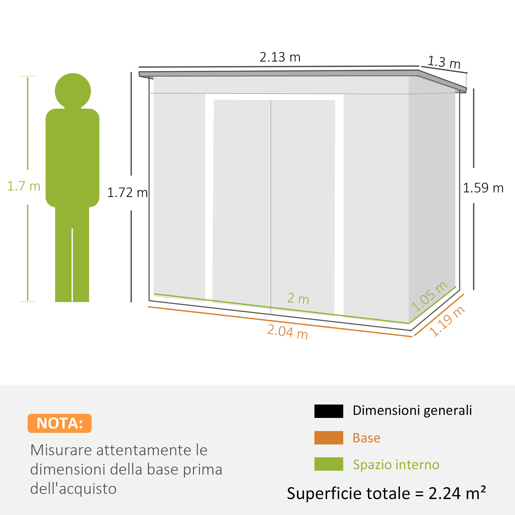 Diagramma di un capanno con dimensioni, figura umana e testo italiano sulla misurazione delle dimensioni.