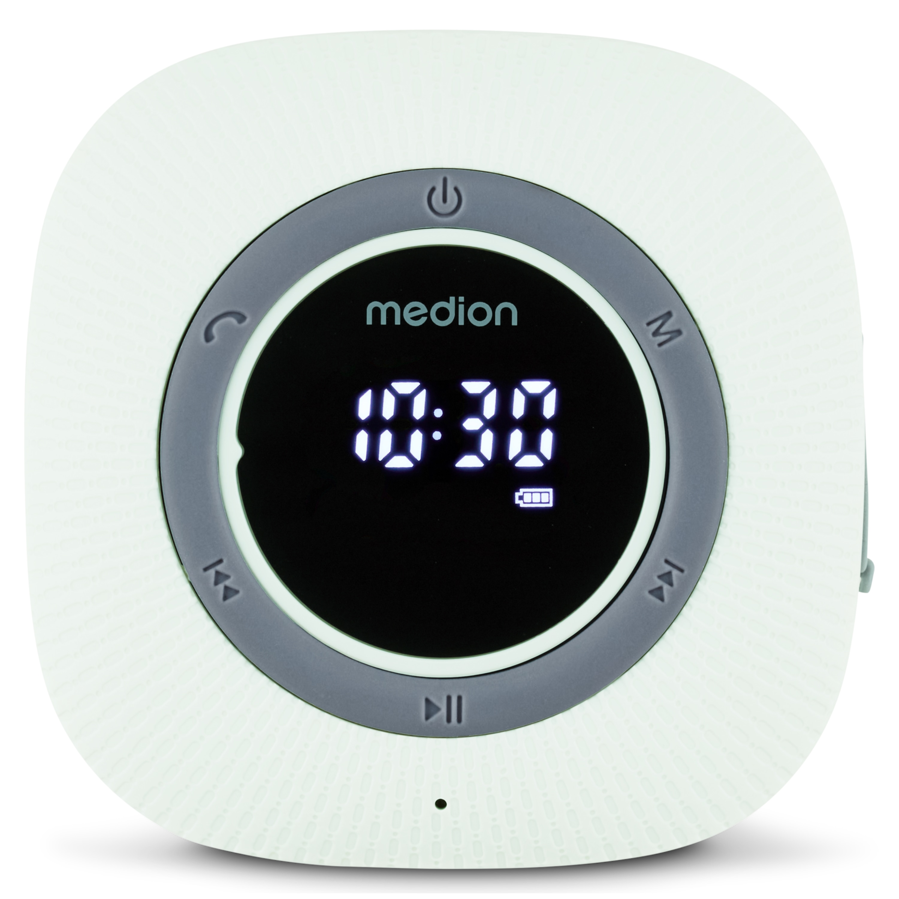 A white and gray Medion clock radio. The display shows 10:30. There are buttons for power, play, and volume control.