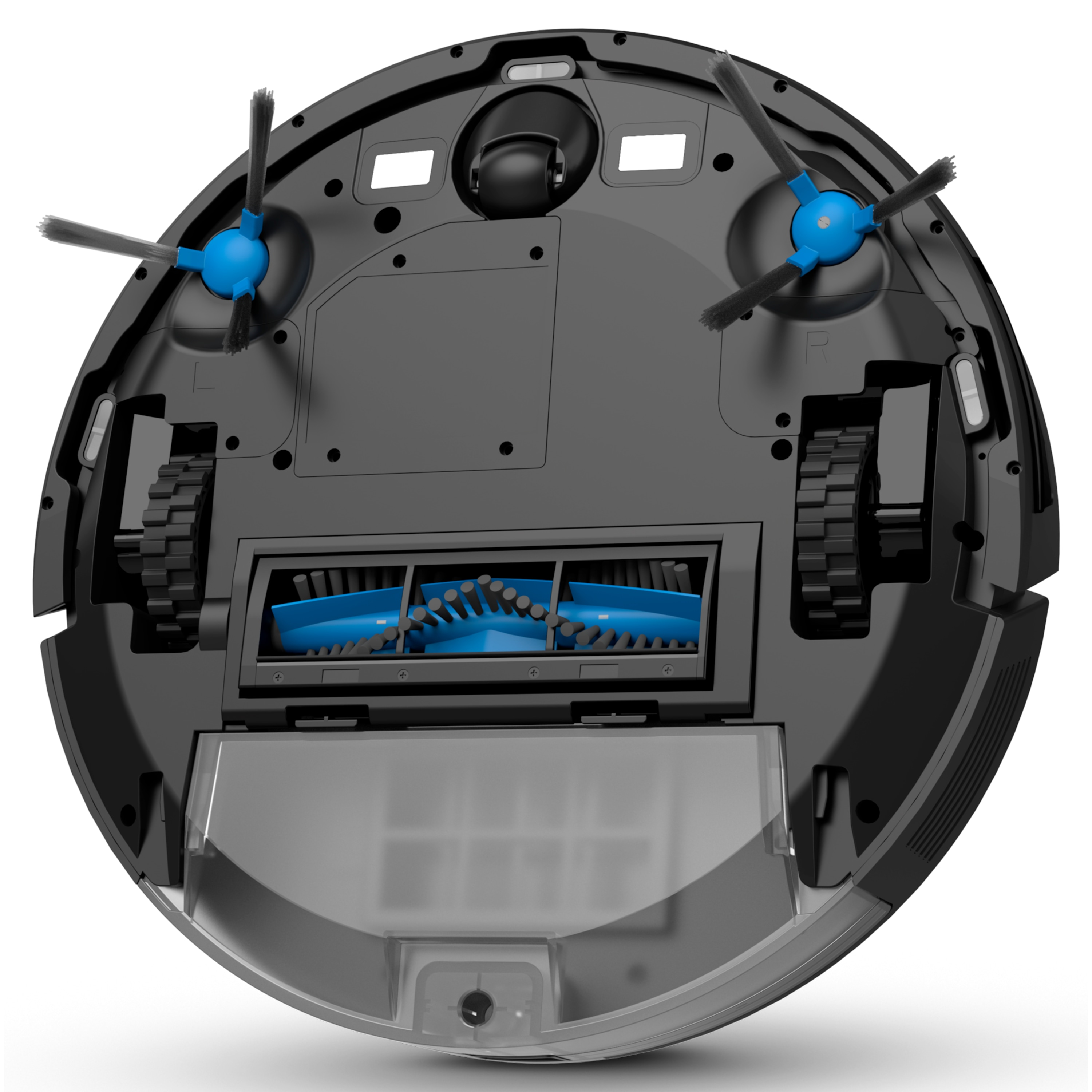 Robot odkurzający, czarny z niebieskimi szczotkami. Posiada koła, szczotki i przezroczysty pojemnik na kurz.