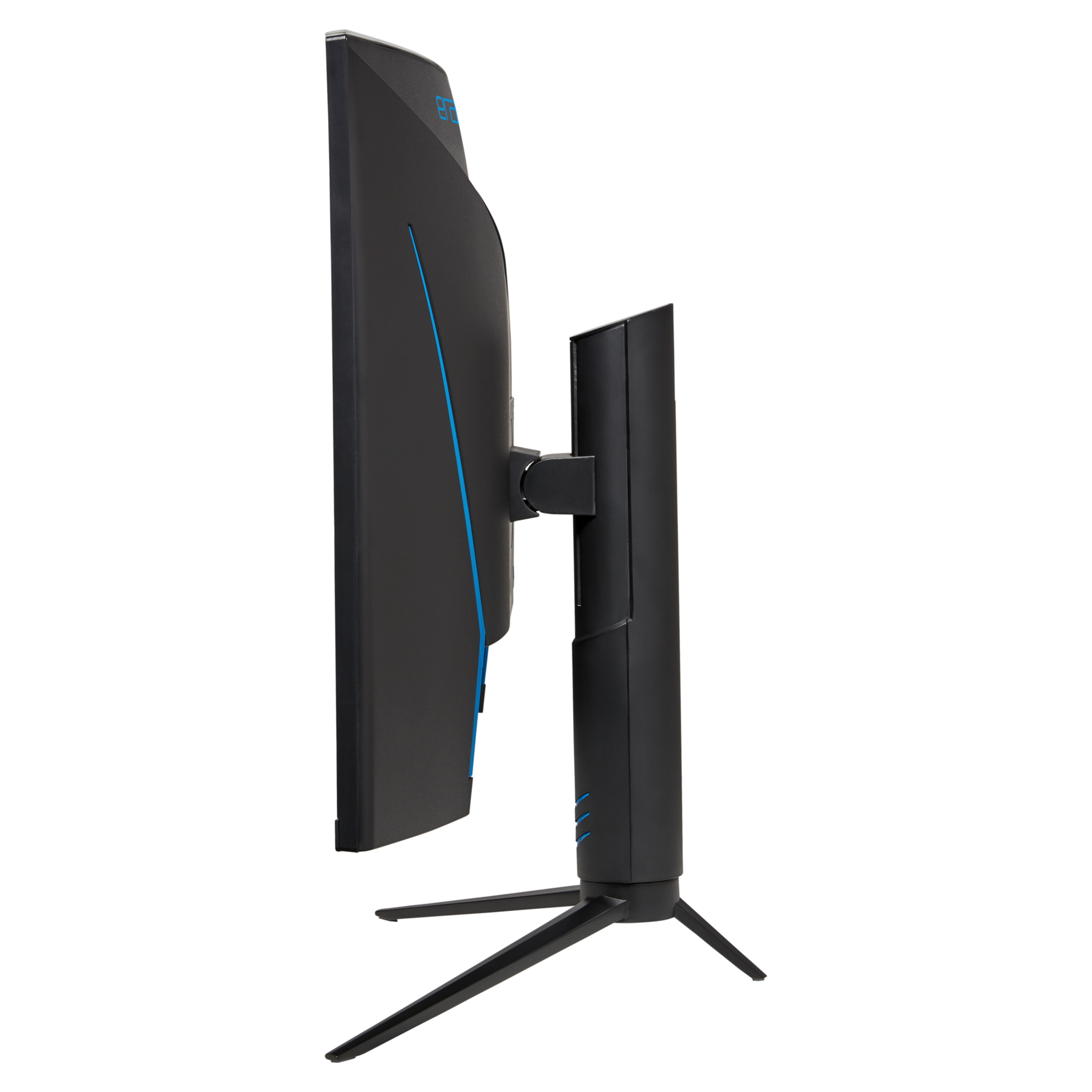 Vista lateral de un monitor negro con detalles azules, soportado por un soporte negro. El fondo es blanco.