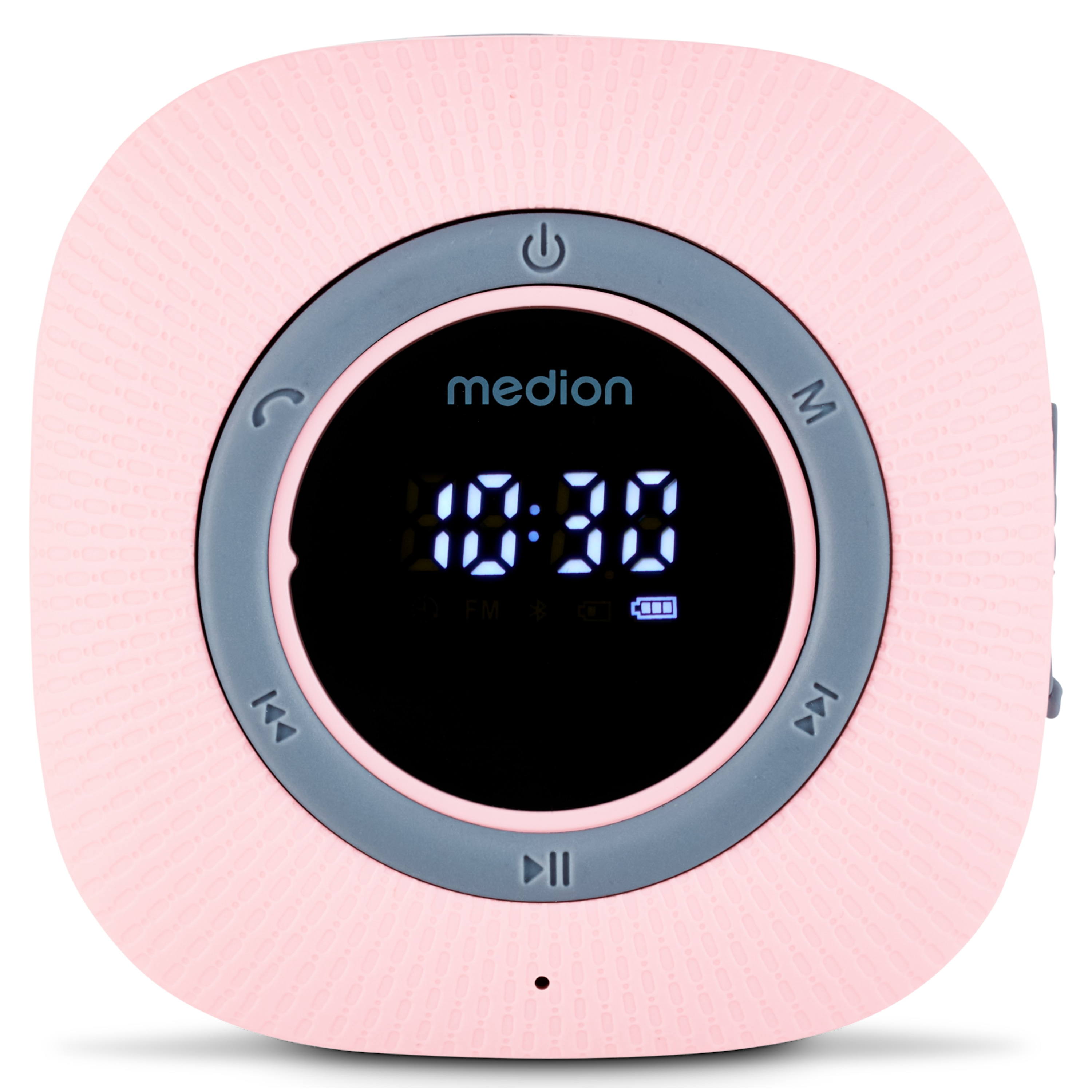 A pink Medion CD player with a digital clock displaying 10:30. It has buttons and a grey border.