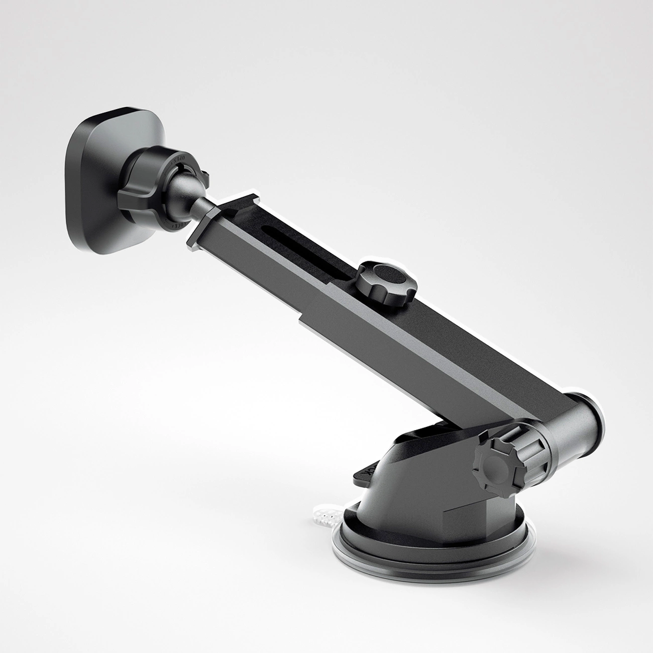 Eine schwarze Autotelefonhalterung steht auf einer weißen Oberfläche. Sie hat einen Saugnapf, einen verstellbaren Arm und eine Telefonhalterung.