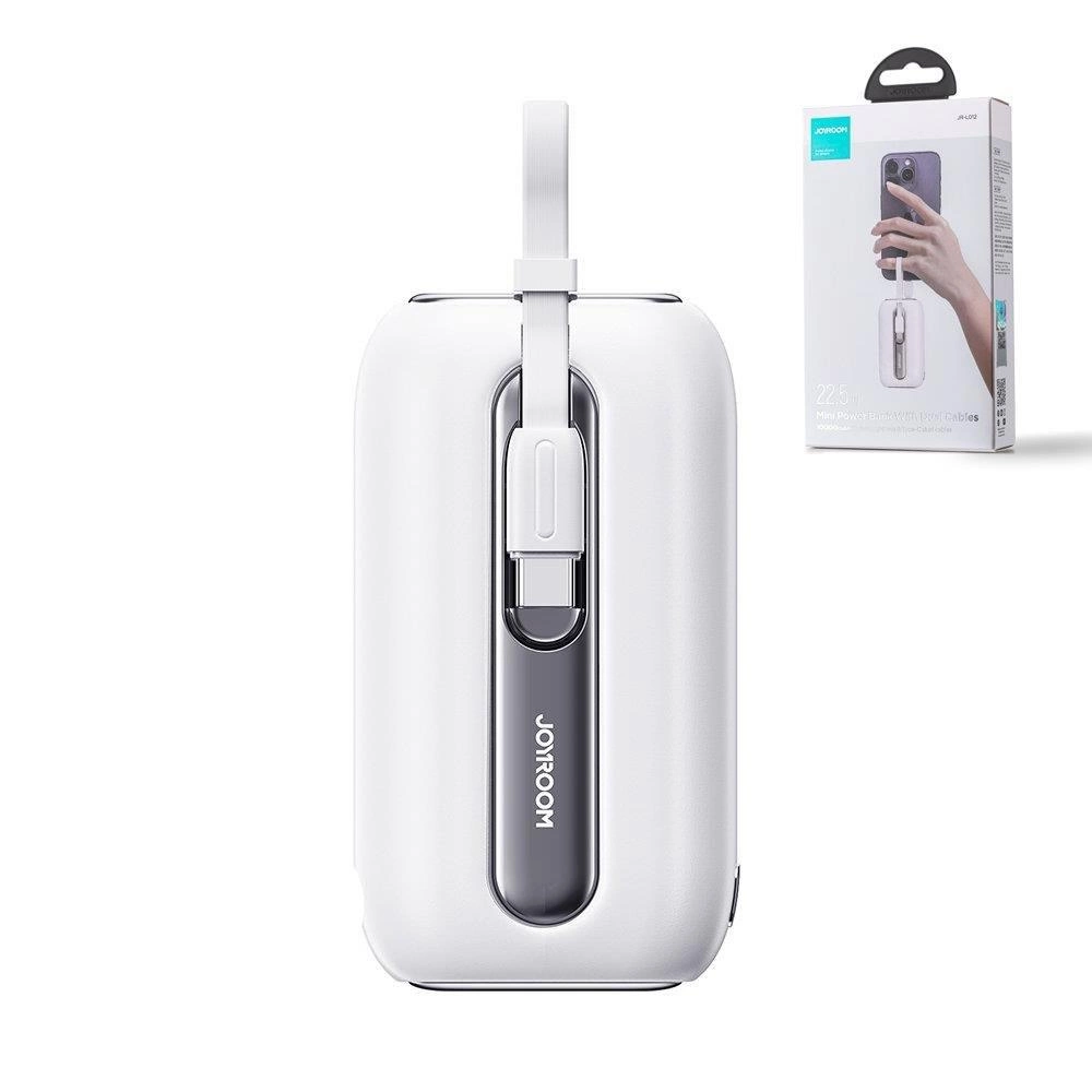 Biały power bank Joyroom z uchwytem. Widoczne jest pudełko ze zdjęciem telefonu i dłoni trzymającej urządzenie.