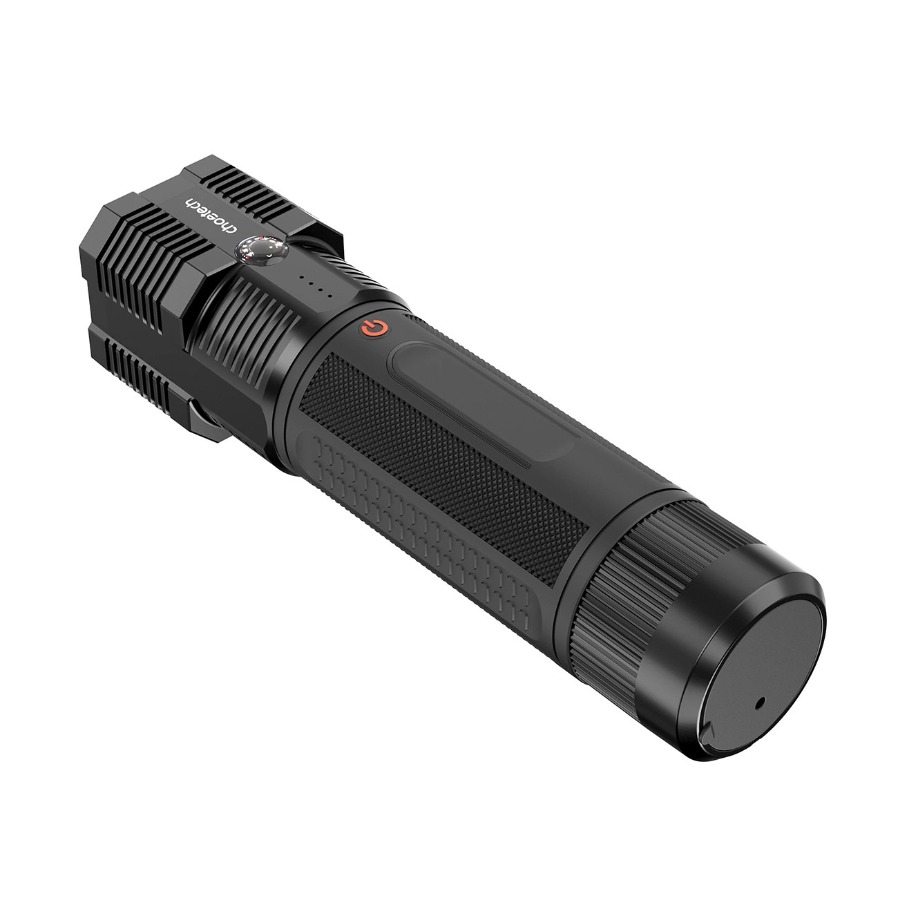 Eine schwarze Taschenlampe mit strukturiertem Griff und rotem Ein- / Ausschalter. Der Markenname 'Choetech' ist sichtbar.