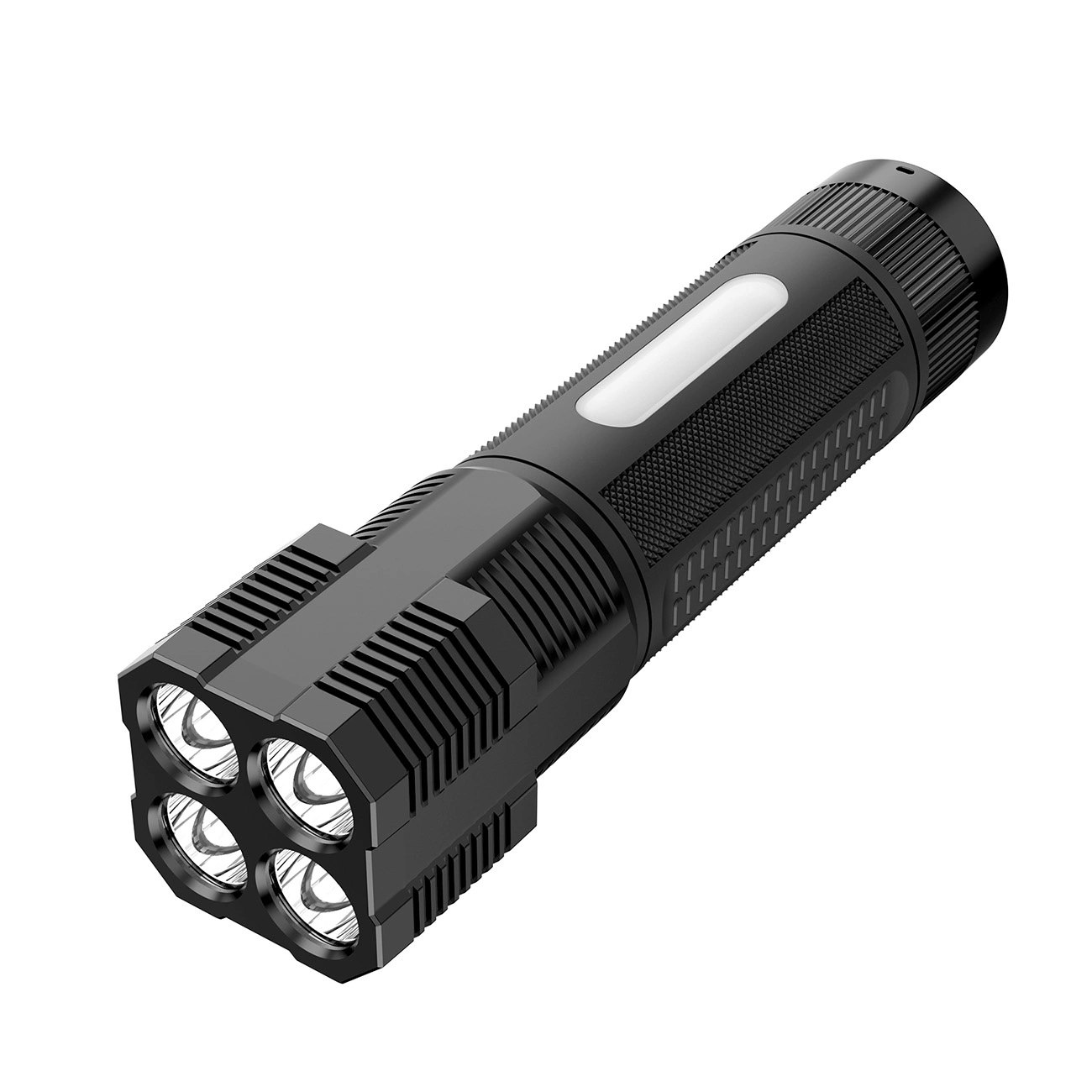 Eine schwarze Taschenlampe mit vier Lichtern auf weißem Hintergrund. Es hat einen strukturierten Griff und ein rechteckiges Licht.