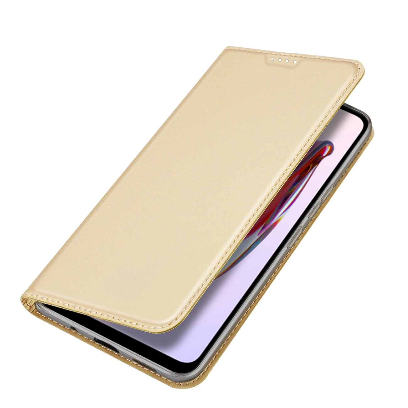 Una custodia beige per telefono è parzialmente aperta, rivelando lo schermo del telefono. La custodia ha bordi cuciti e una superficie liscia.