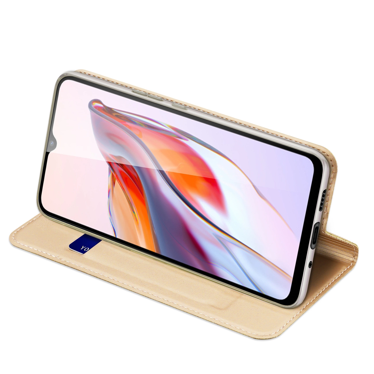 Custodia beige con telefono che mostra un'immagine astratta colorata. La custodia è aperta, su sfondo bianco.