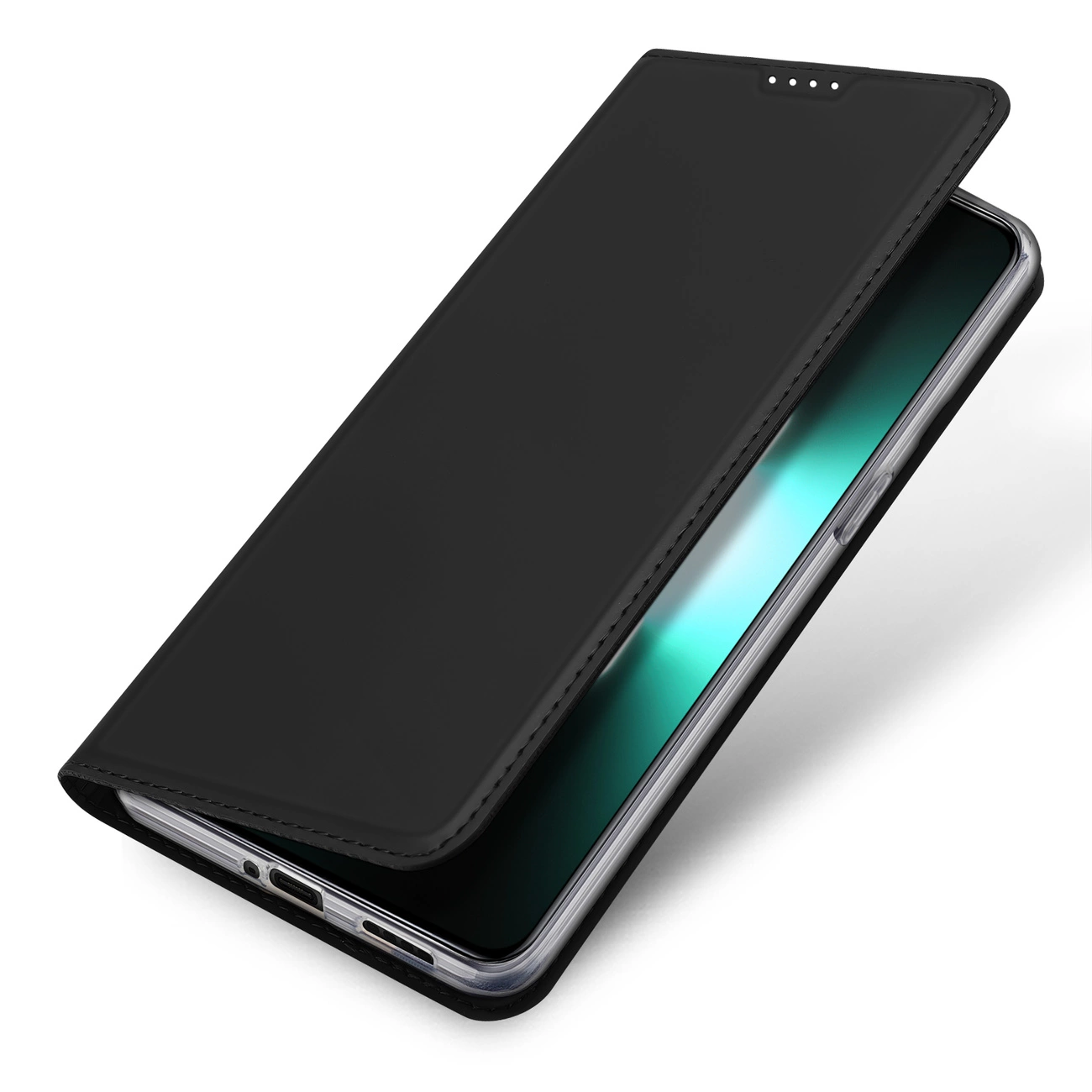 Una custodia nera per telefono, parzialmente aperta, che rivela lo schermo. La custodia è similpelle, con cuciture visibili e chiusura magnetica.