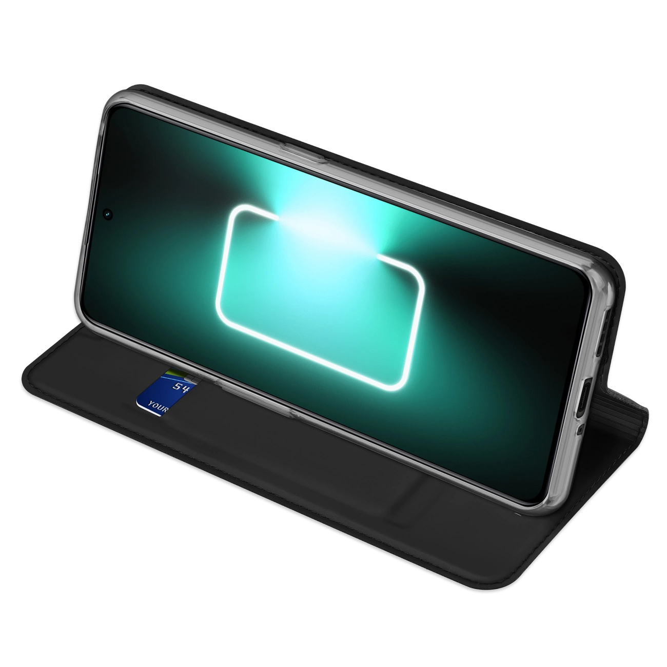 Uno smartphone in una custodia nera, che mostra un rettangolo luminoso sullo schermo. La custodia è aperta, rivelando una carta.