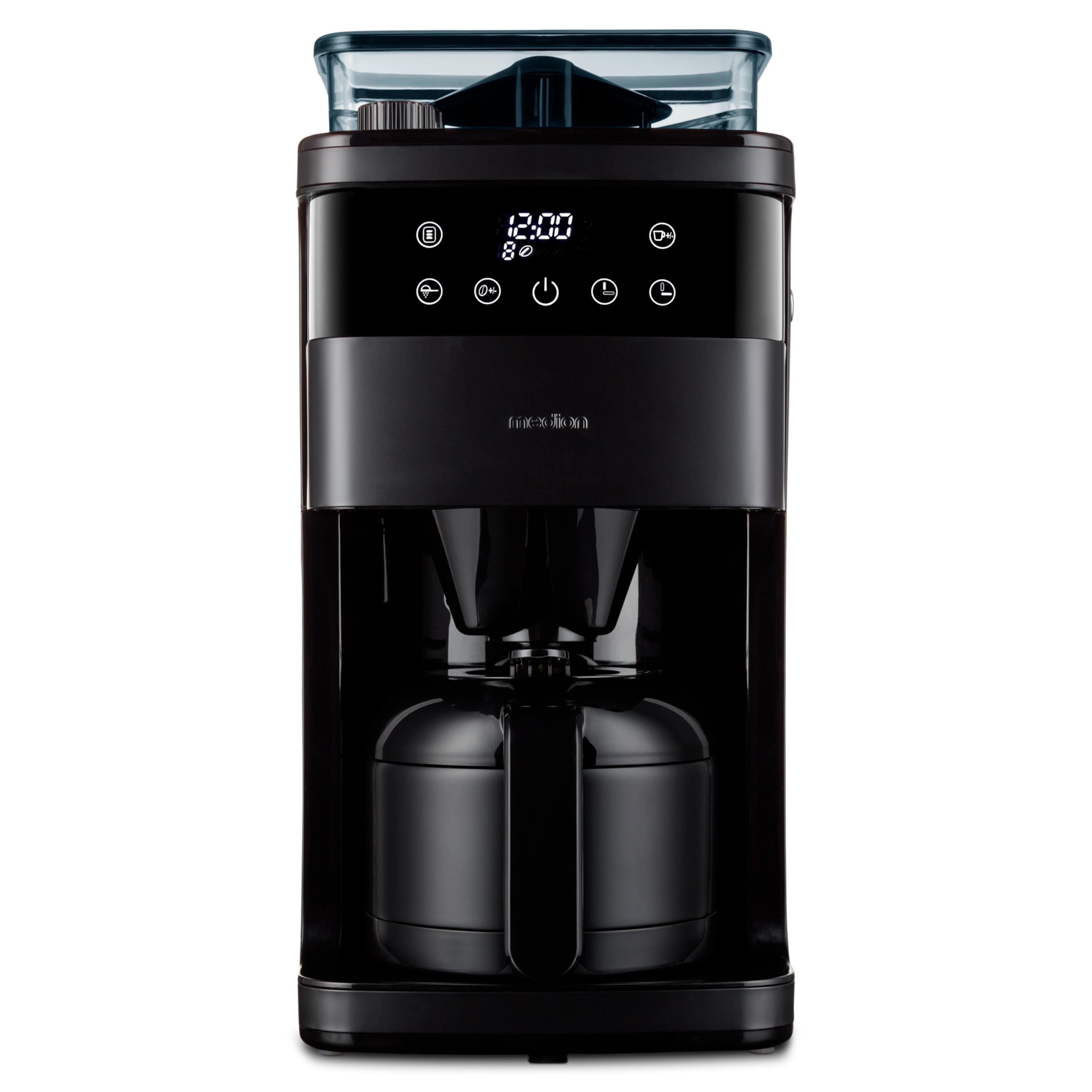 Czarny ekspres do kawy z cyfrowym wyświetlaczem czasu. Posiada przezroczysty zbiornik na wodę.