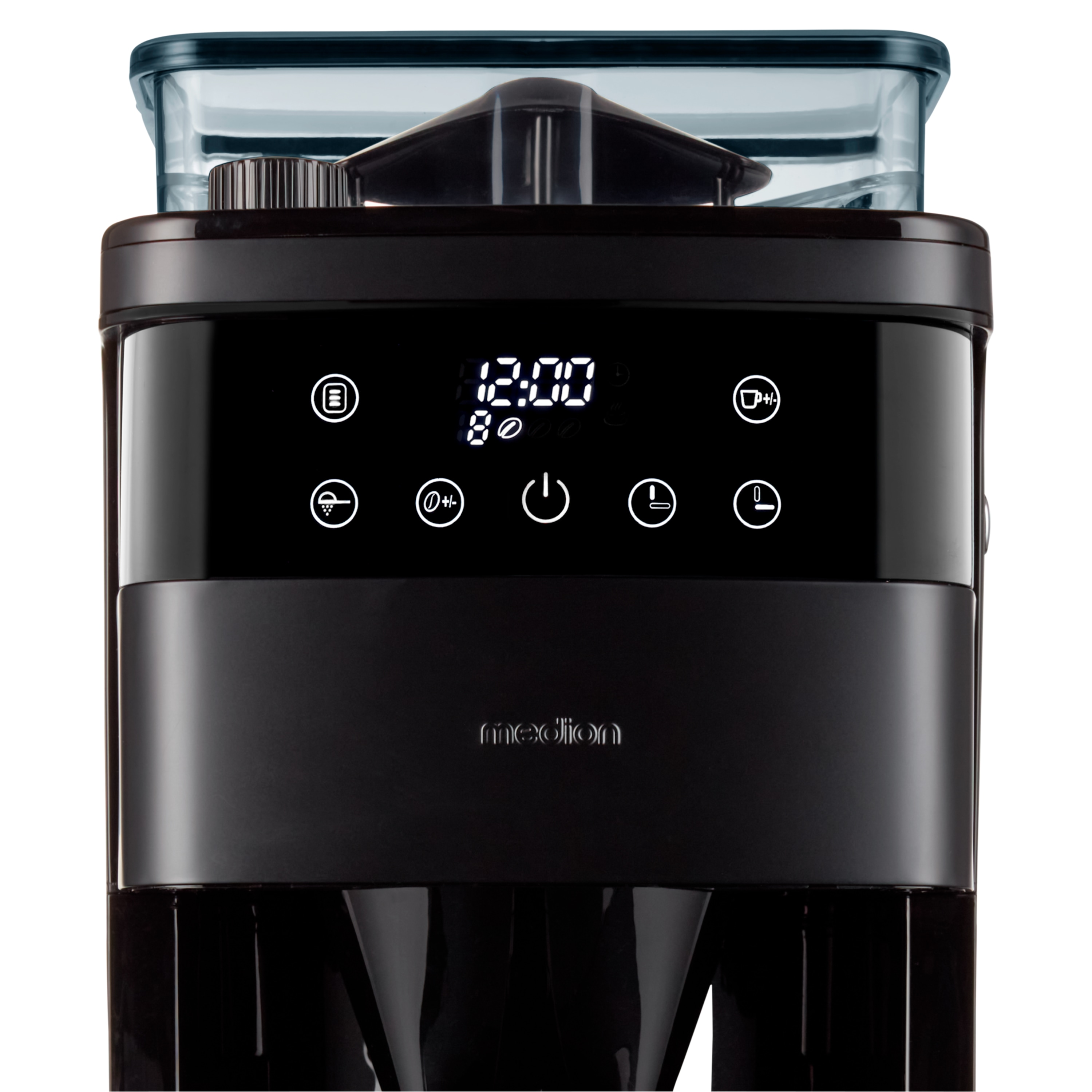 Czarny ekspres do kawy z cyfrowym wyświetlaczem 12:00. Zawiera różne przyciski.