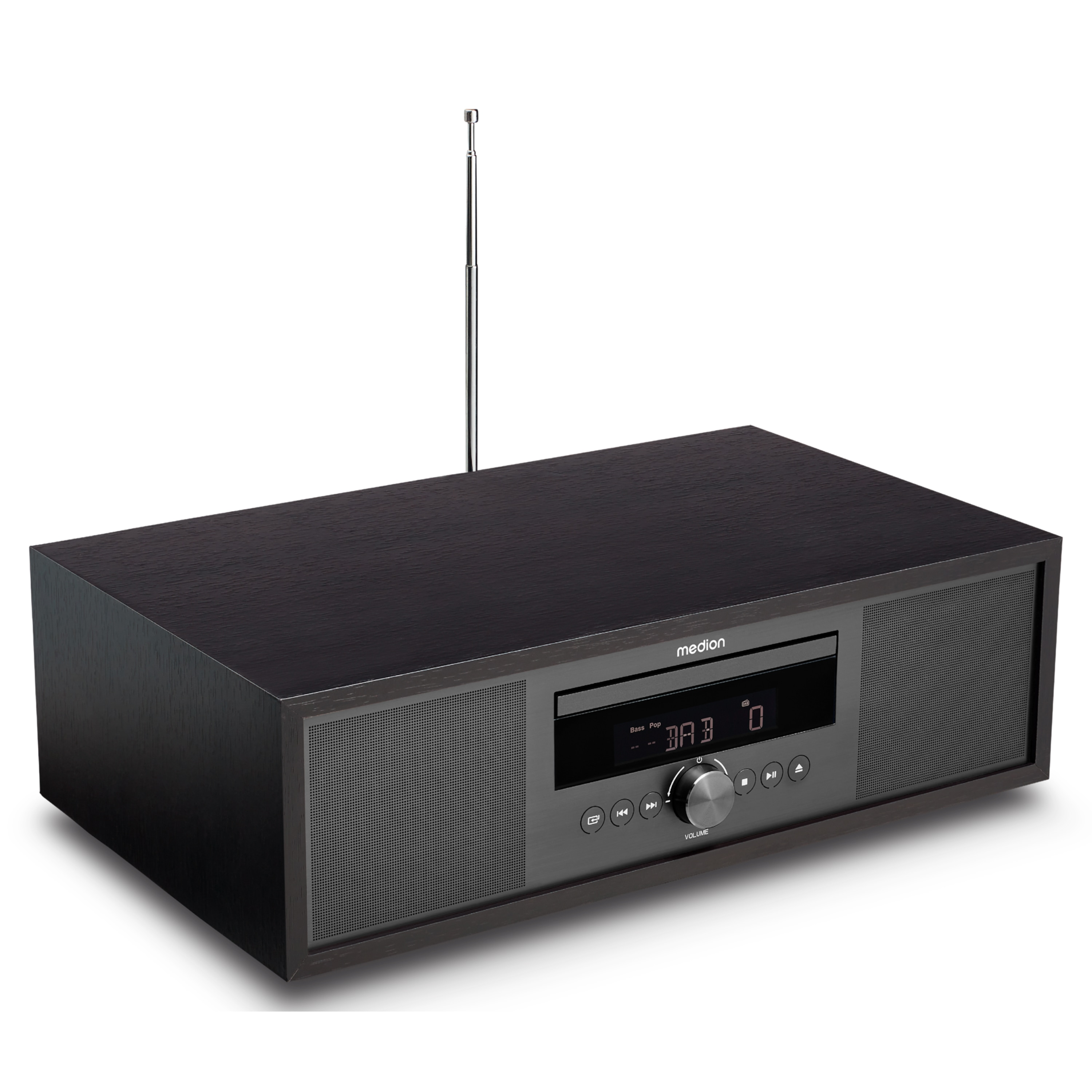 Een zwarte stereo-installatie met zilveren antenne, luidsprekers en display. De merknaam is Medion.
