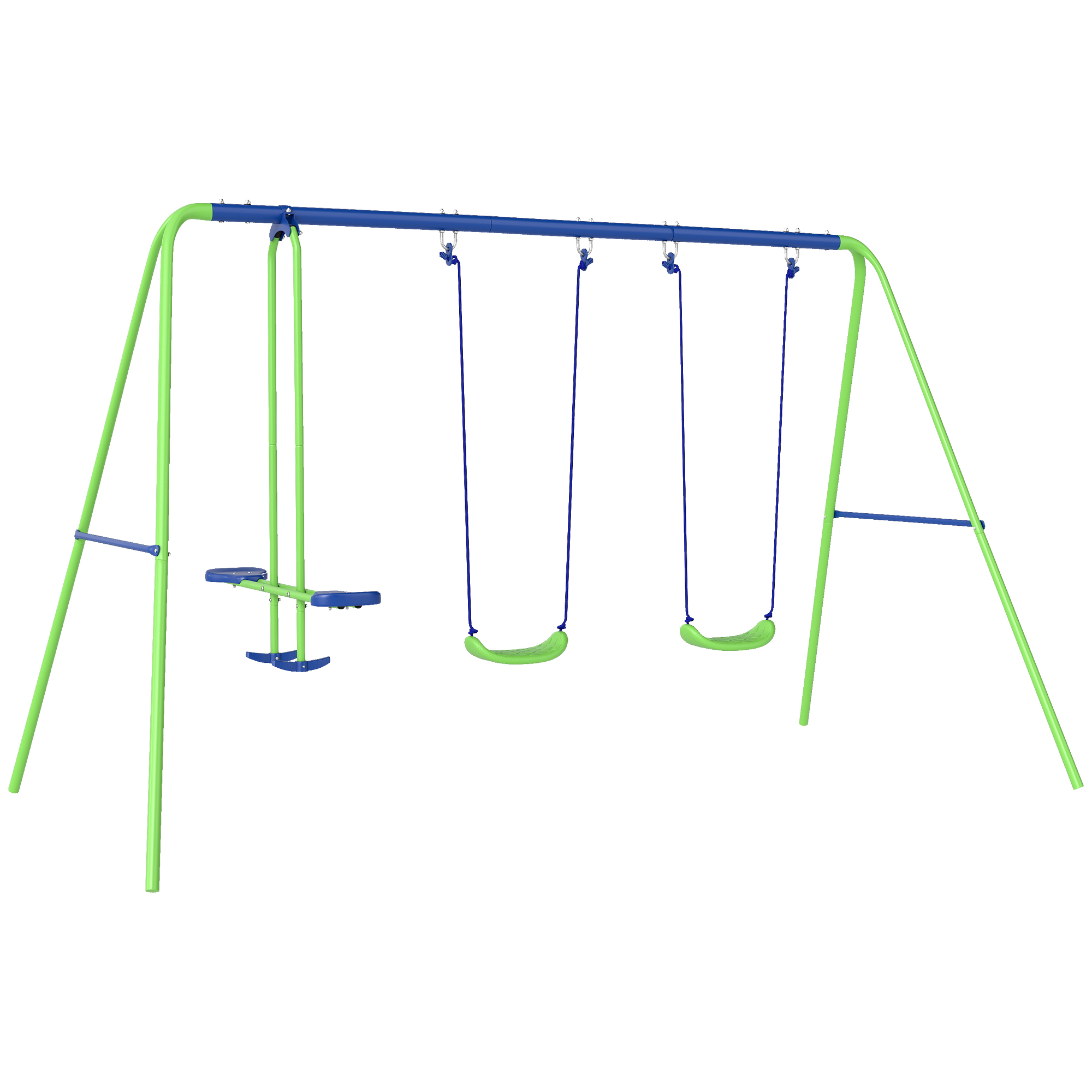 Un'altalena in metallo verde e blu isolata su sfondo bianco, con altalene e aliante.