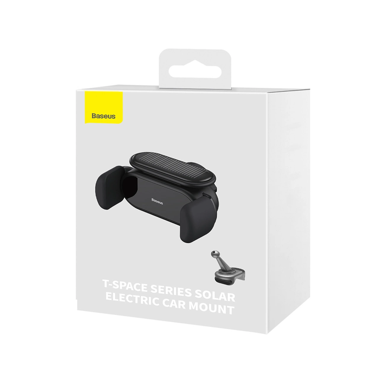 Białe pudełko z uchwytem samochodowym Baseus. Uchwyt jest czarny. Tekst na pudełku brzmi: T-SPACE SERIES SOLAR ELECTRIC CAR MOUNT.