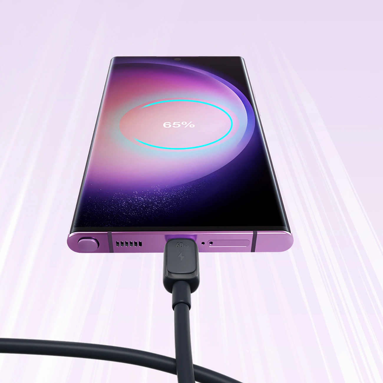 Un smartphone est en charge. L'écran affiche 65%. Un câble de charge est connecté au téléphone et le fond a des effets de lumière violette.