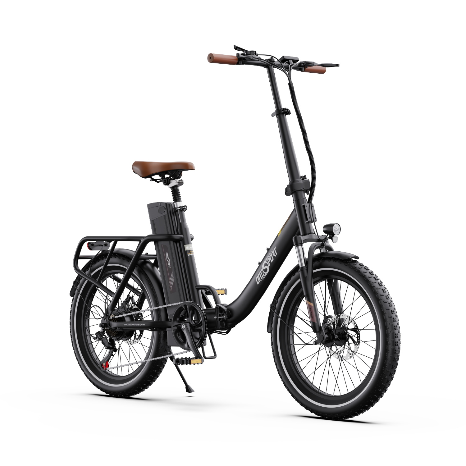 Una bicicletta elettrica nera con sella e manubrio marroni, su sfondo bianco. Il marchio è DESPORT.