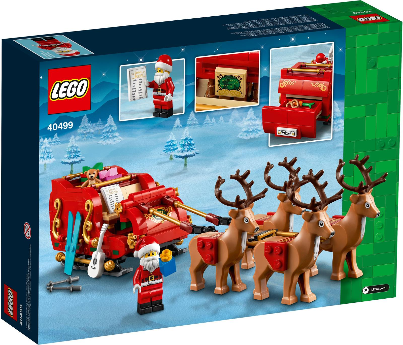 LEGO Santa's Sleigh Set. Enthält Santa, Rentiere, einen Schlitten und Zubehör wie eine Gitarre. Schnee- und Weihnachtsthema.