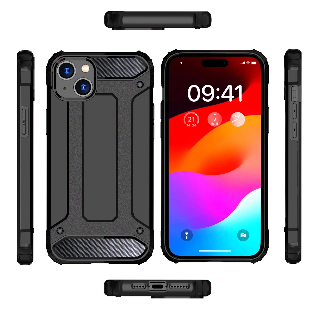 Ein iPhone mit schwarzer Schutzhülle. Der Bildschirm zeigt Uhrzeit, Datum und Symbole. Das Telefon ist von Gehäusekomponenten umgeben.