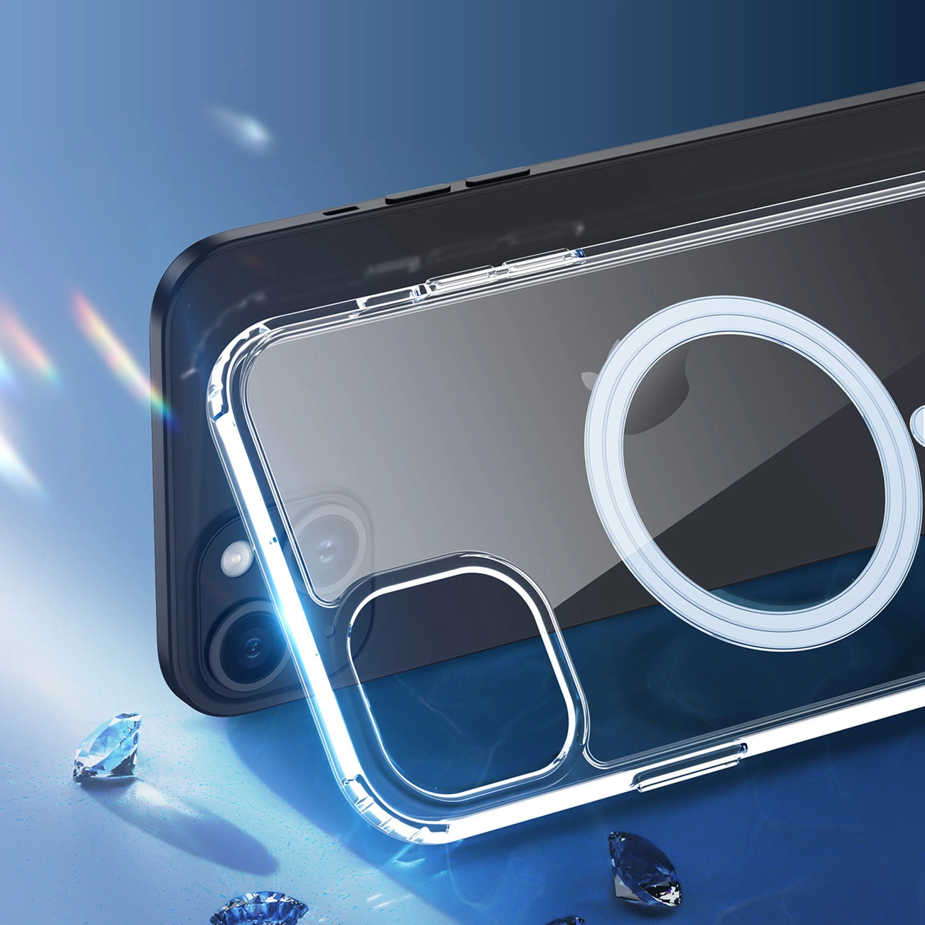 Eine klare Handyhülle mit weißem Ringdesign auf einem schwarzen Telefon. Diamanten sind auf der blauen Oberfläche verstreut.