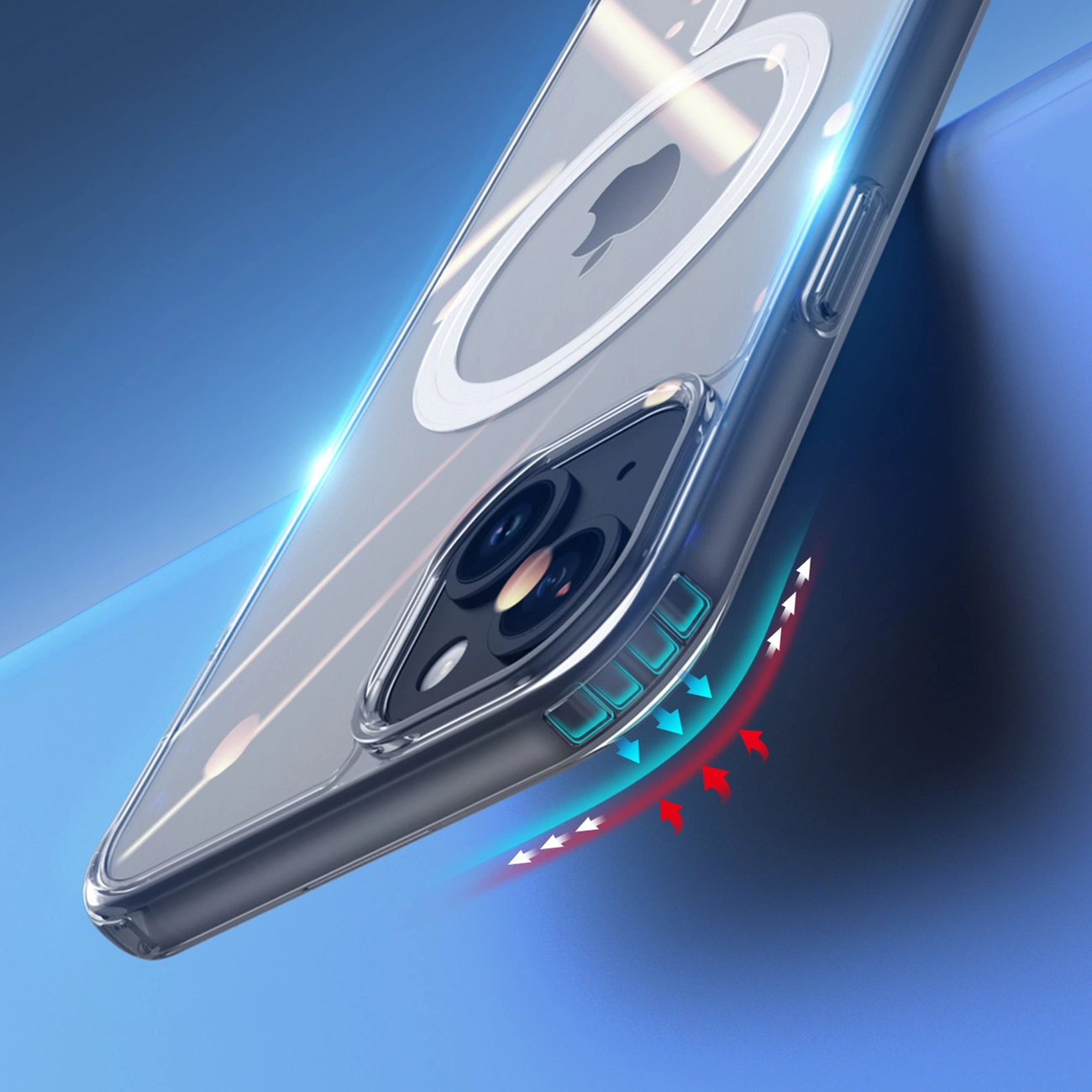 Transparente Handyhülle mit Kamera, Apple-Logo und Wärmeableitungsdesign. Pfeile zeigen den Luftstrom an. Blauer und weißer Farbverlaufshintergrund.