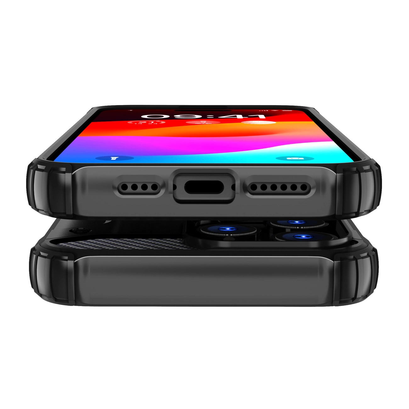 Zwei schwarze Smartphones sind gestapelt. Das obere zeigt die Uhrzeit 09:41 auf einem bunten Bildschirm. Das untere hat Kameralinsen.