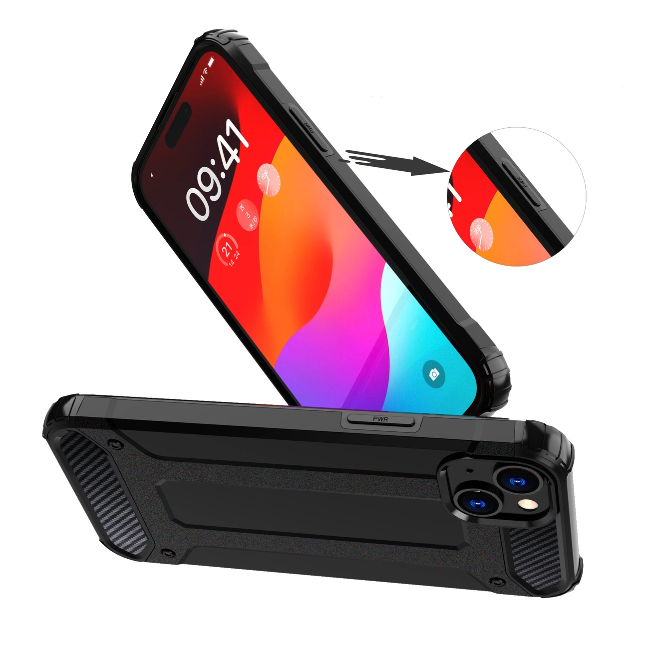 Schwarzes Smartphone mit der Anzeige 09:41. Das Telefon befindet sich in einer schwarzen Hülle. Nahaufnahme von Seite und Rückseite.
