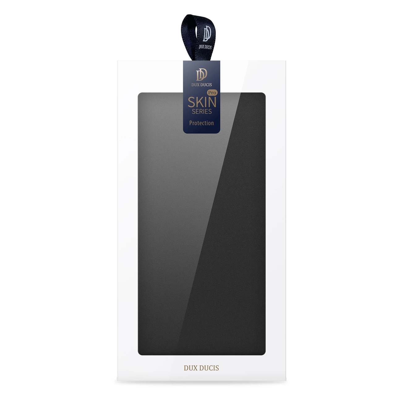 Una scatola bianca con interno nero e un'etichetta sospesa che recita 'DUX DUCIS SKIN SERIES Protection'.