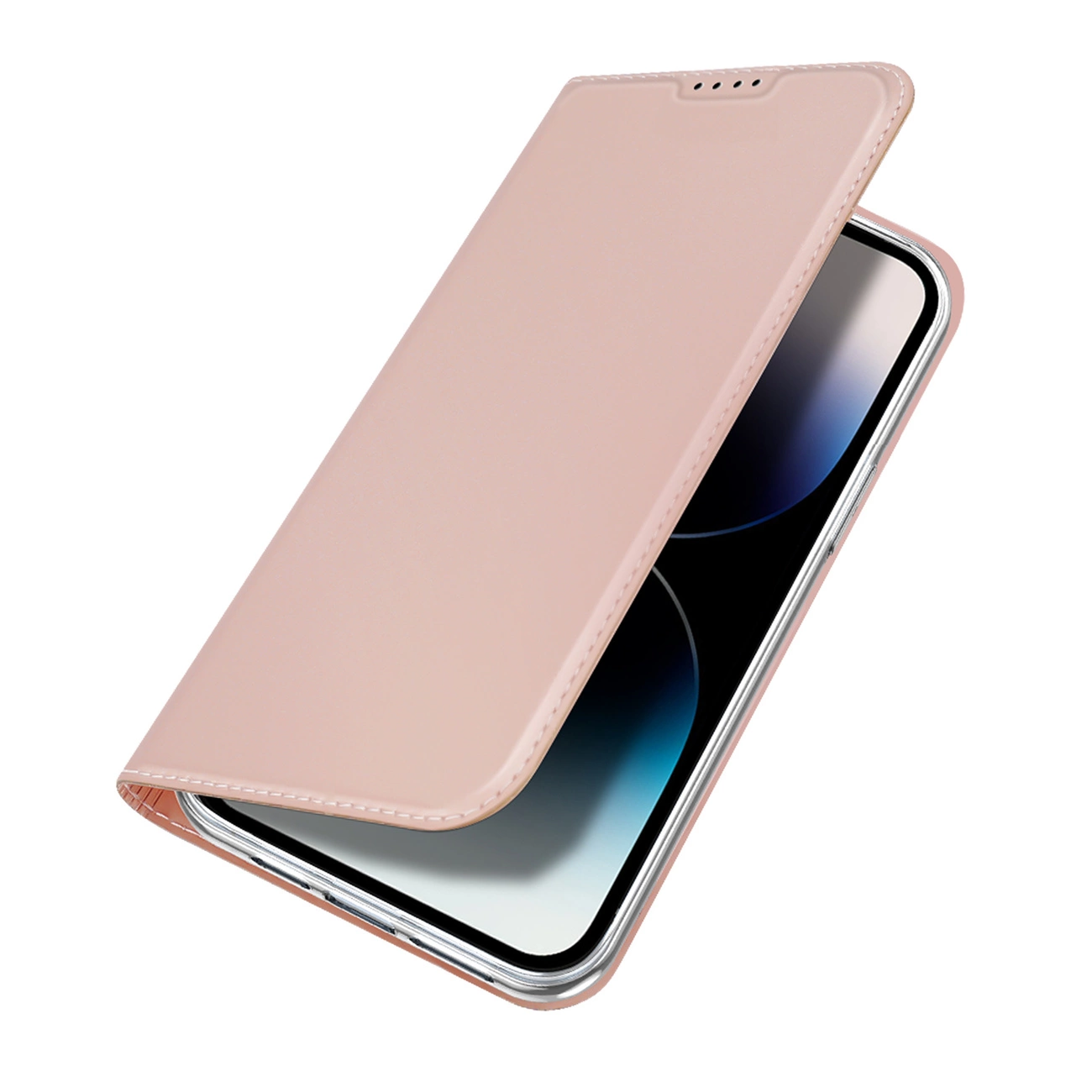 Una custodia rosa per telefono è aperta, rivelando un telefono. La custodia ha una consistenza morbida, simile alla pelle, con cuciture. Lo schermo è visibile.