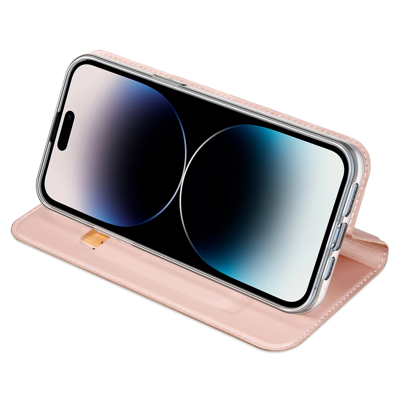 Uno smartphone in una custodia rosa è leggermente aperto, mostrando lo schermo. Lo schermo mostra uno sfondo sfumato. La custodia è su una superficie bianca.