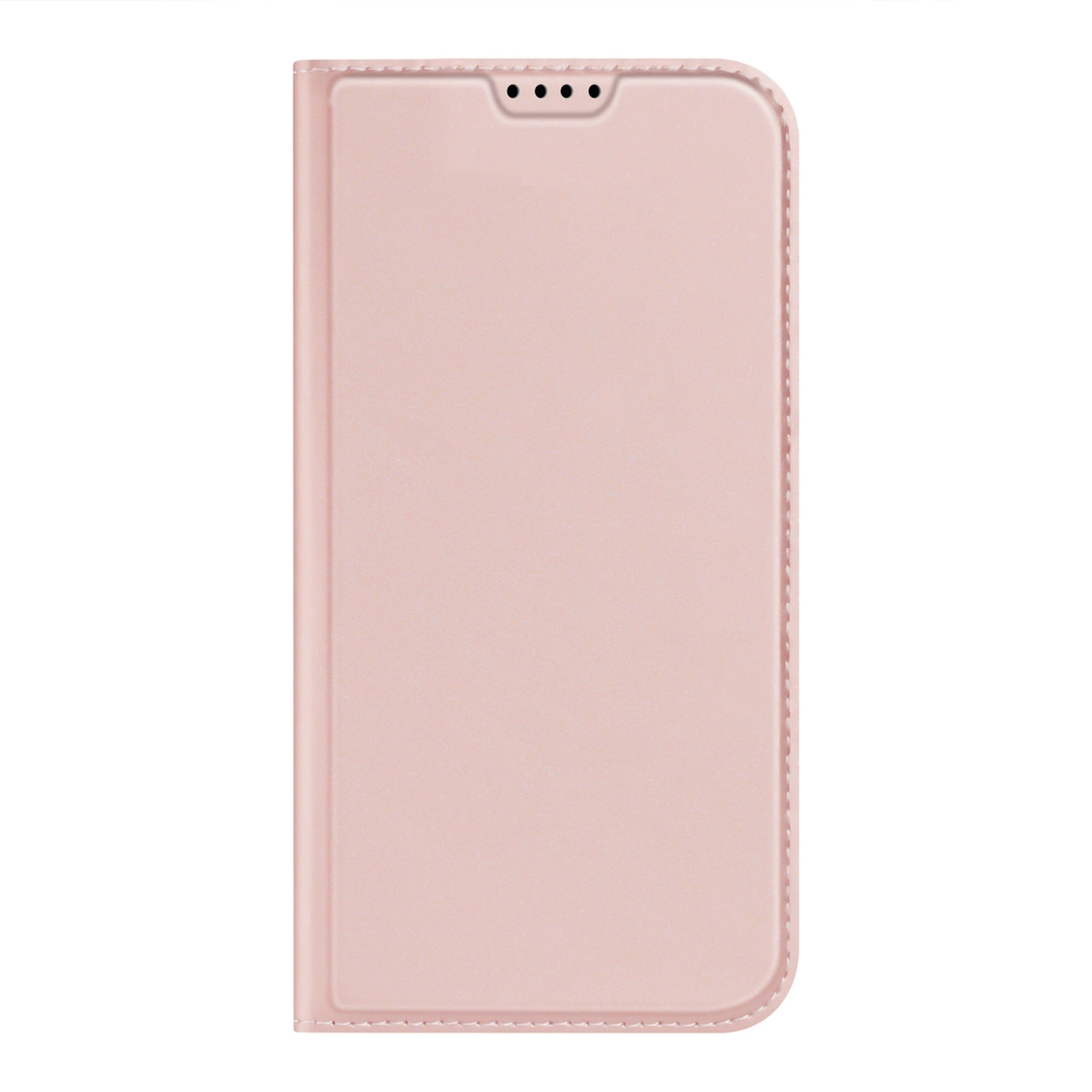 È mostrata una custodia per telefono rosa. È una custodia a portafoglio, con bordi cuciti e fori nella parte superiore per l'altoparlante.