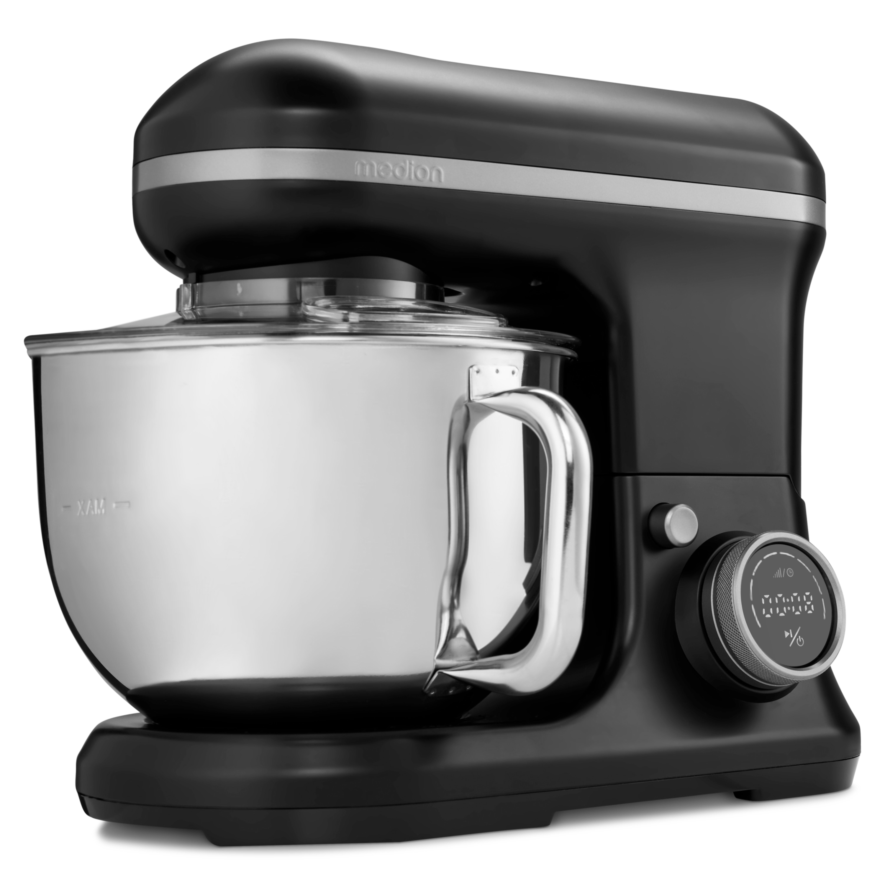 Ein schwarzer und silberner Küchenmixer mit Edelstahlschüssel. Er hat ein digitales Display und einen Drehknopf.