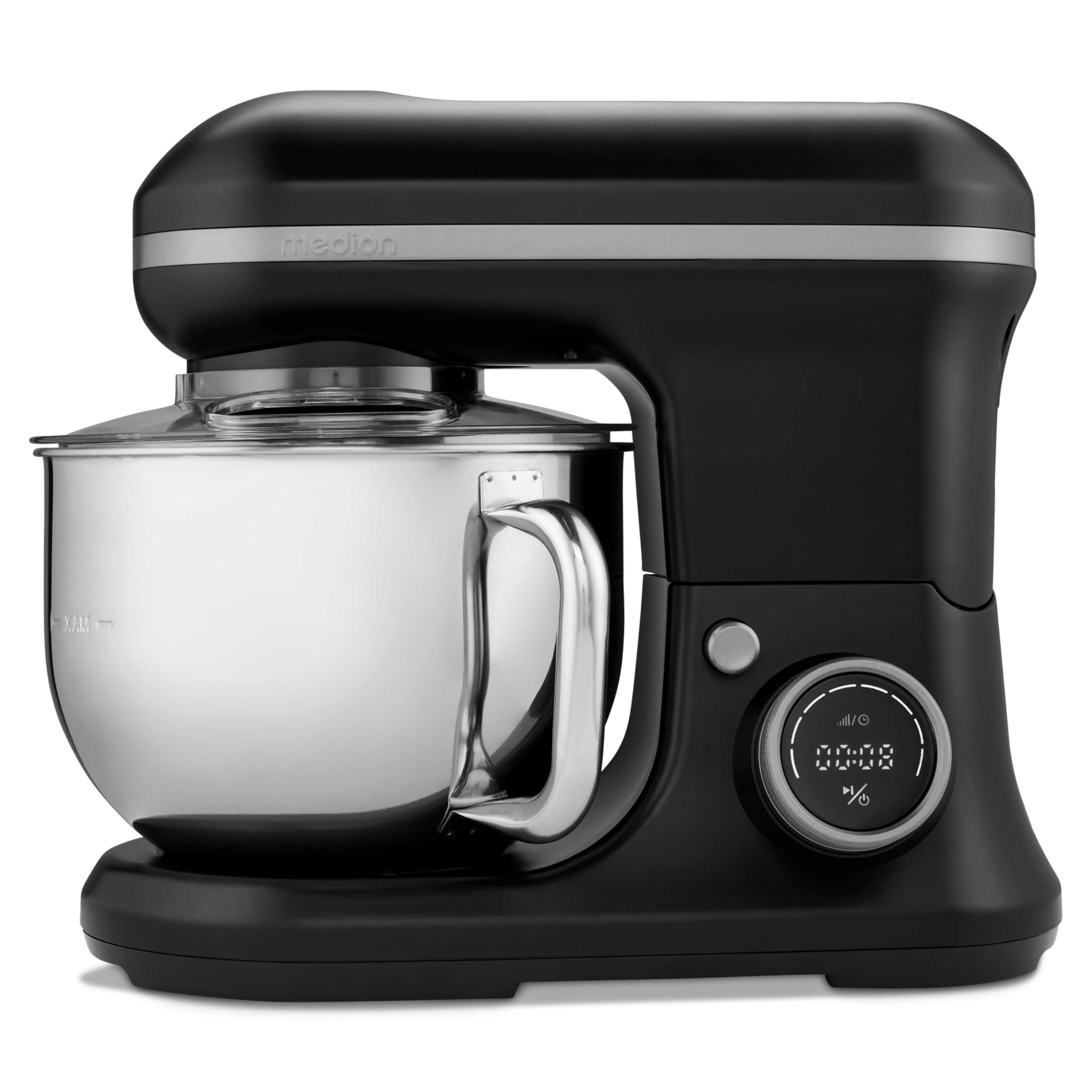 Schwarzer Küchenmixer mit Edelstahl-Schüssel. Mit Digitalanzeige und der Marke Medion.