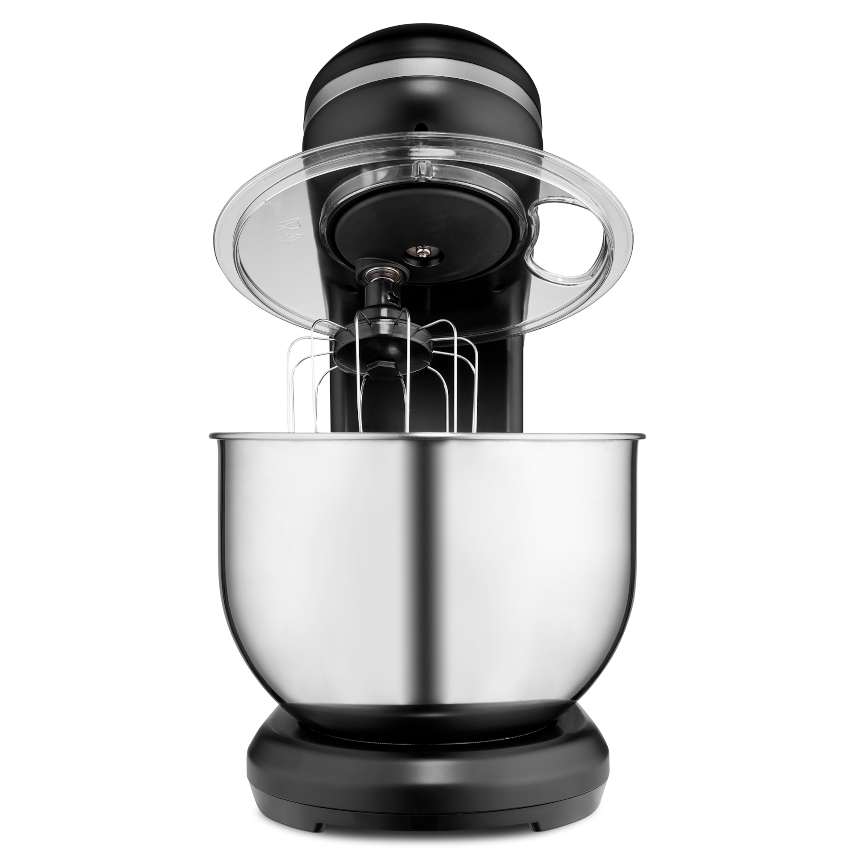 Ein schwarzer Standmixer mit einer Edelstahlschüssel und einem durchsichtigen Spritzschutz, auf weißem Hintergrund.