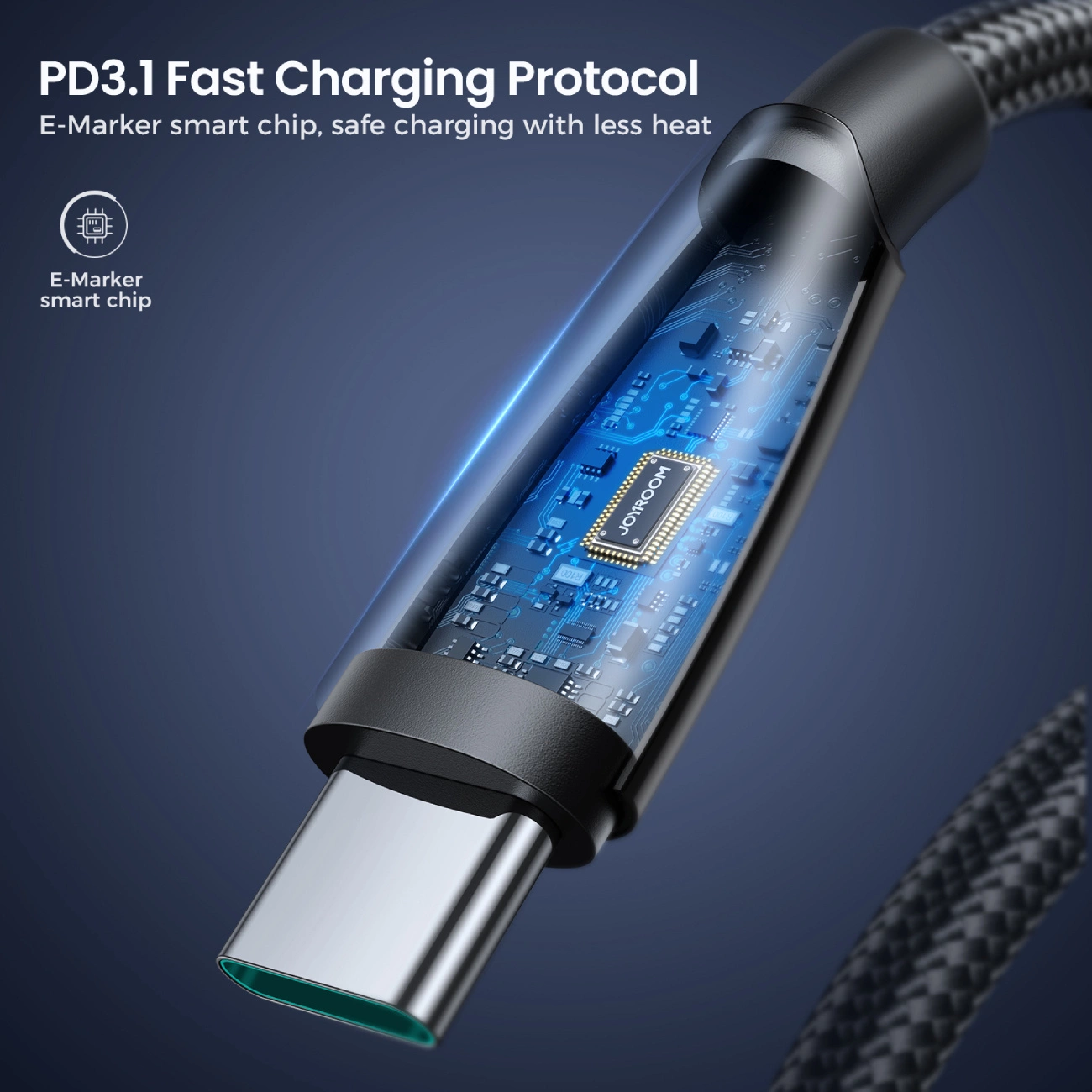 Zbliżenie kabla ładującego. Pokazuje złącze USB-C, przezroczysty fragment ujawniający wewnętrzny chip i pleciony kabel.