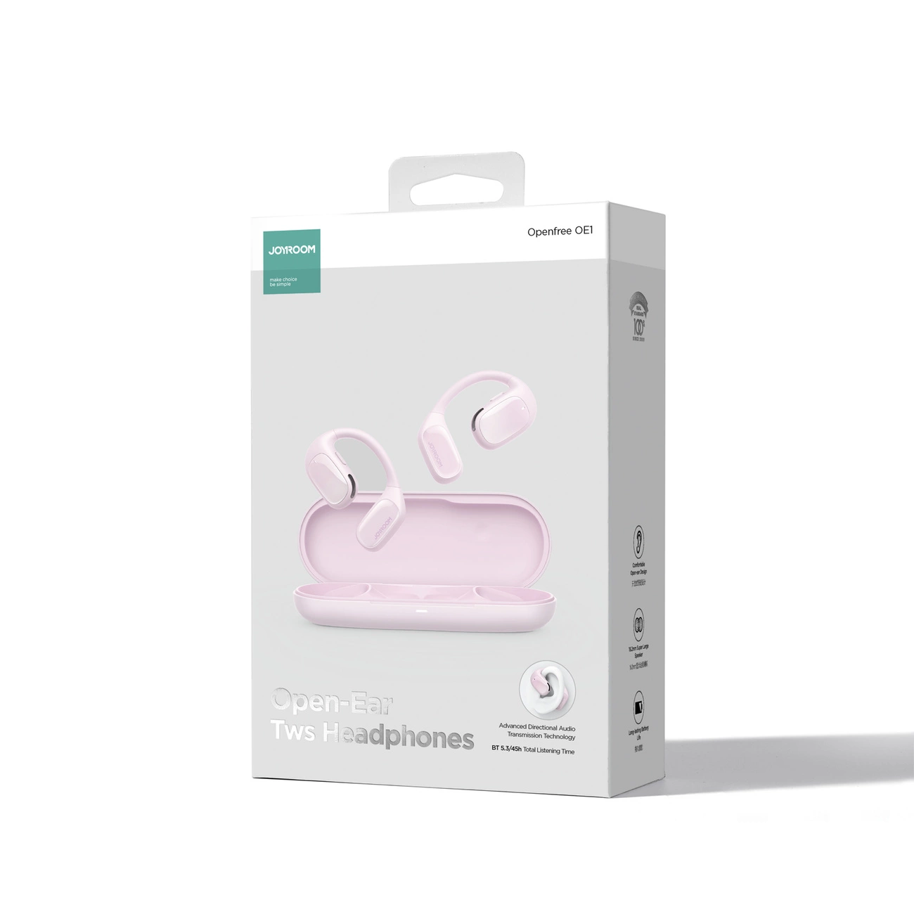 Una scatola rosa con cuffie TWS open-ear. La scatola mostra le cuffie e la custodia. Il testo include 'JOYROOM' e 'Openfree OE1'.