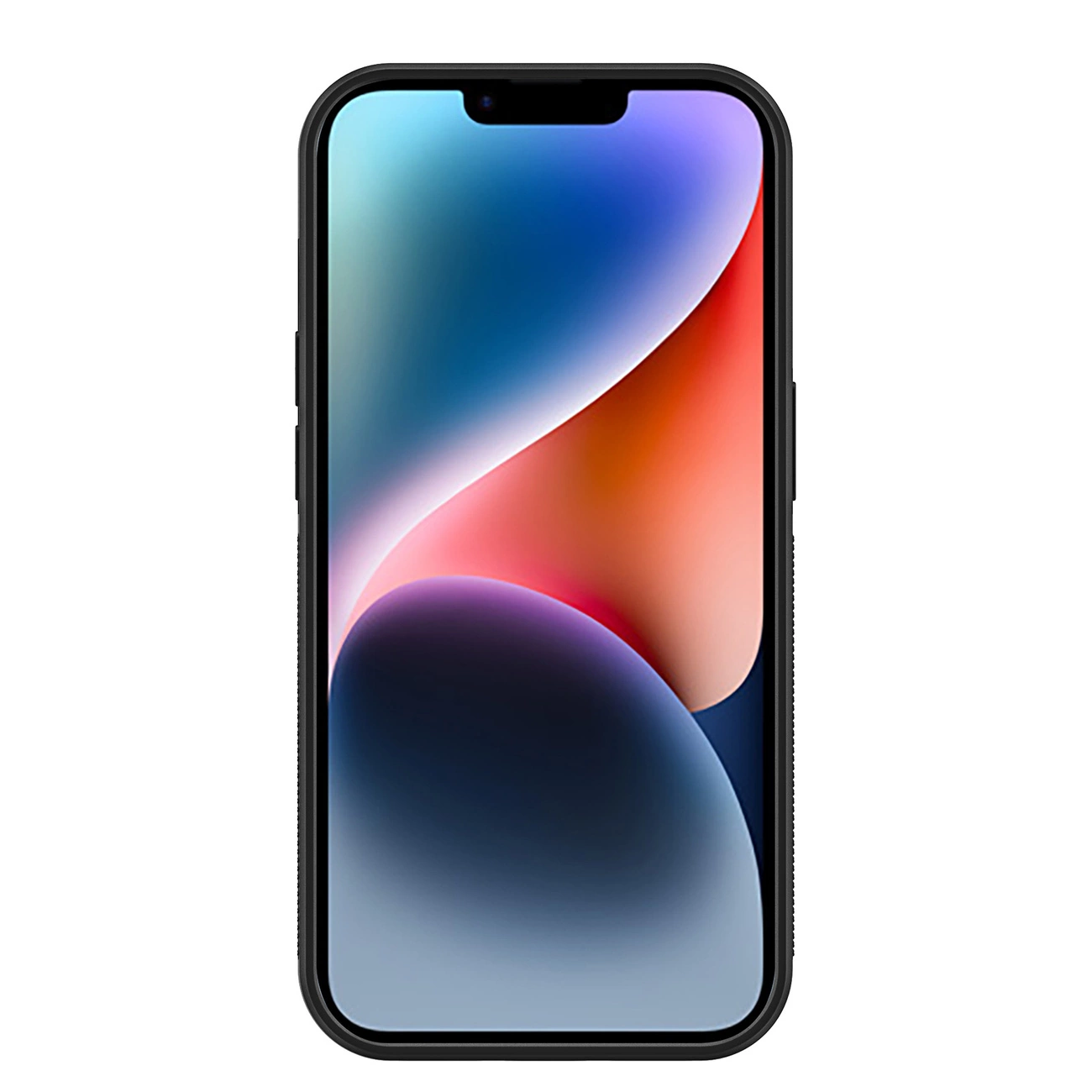 Uno smartphone con cornice nera mostra uno sfondo colorato con forme fluide in blu, rosso e viola.