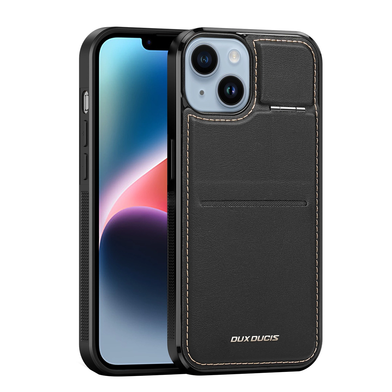 Custodia nera per telefono con funzione portafoglio, cuciture beige e schermo del telefono visibile. Il marchio DUX DUCIS è in basso.
