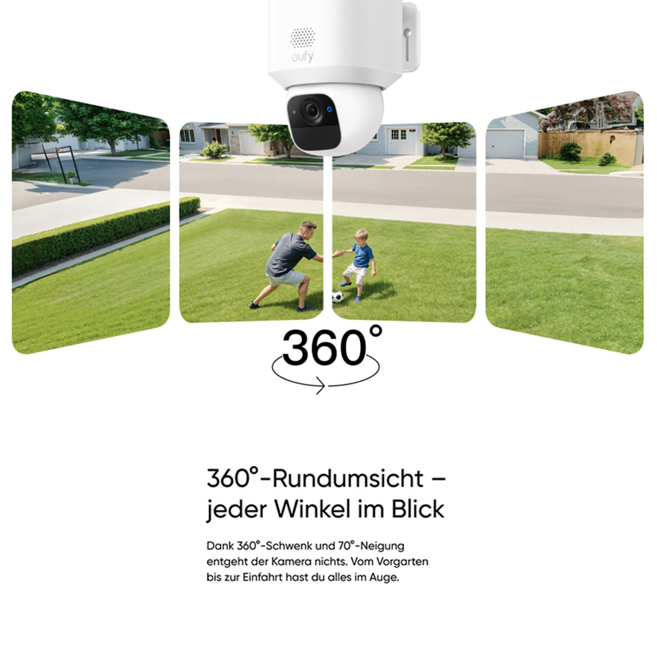 Una telecamera di sicurezza mostra una vista a 360 gradi. Un uomo e un bambino giocano a calcio in giardino. Case e prati verdi sono visibili.