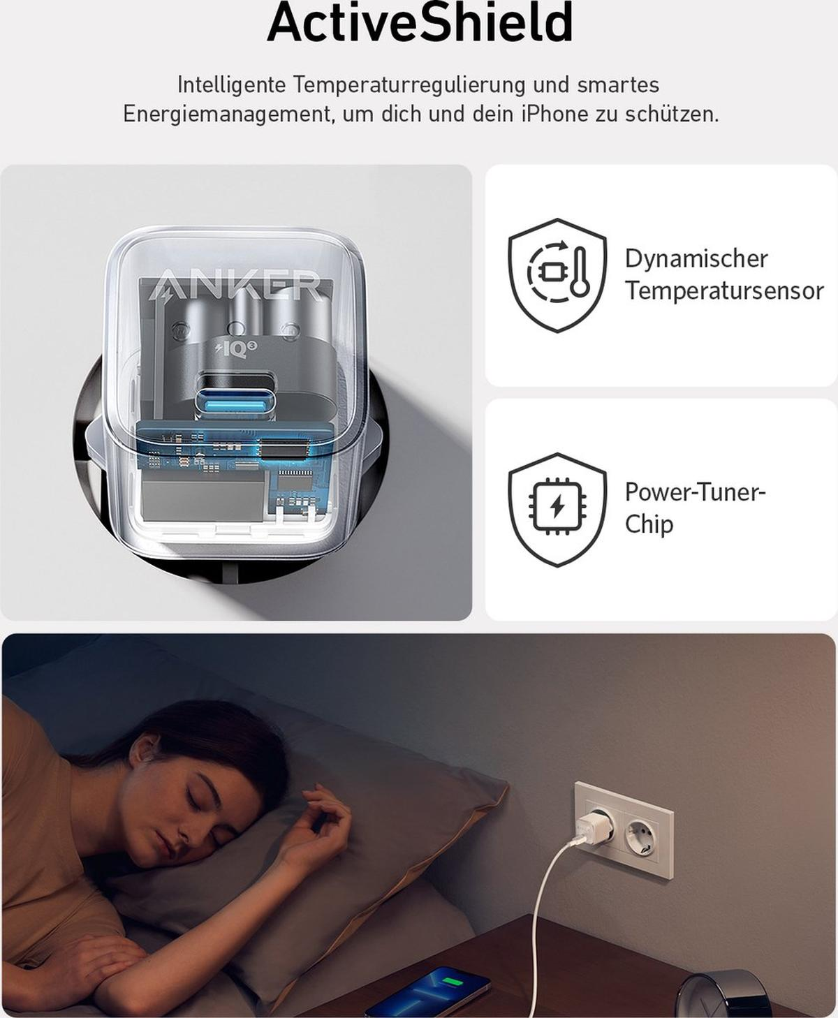 Caricabatterie Anker collegato al muro. Donna che dorme e telefono in carica nelle vicinanze. Testo: ActiveShield, Sensore di temperatura dinamico.