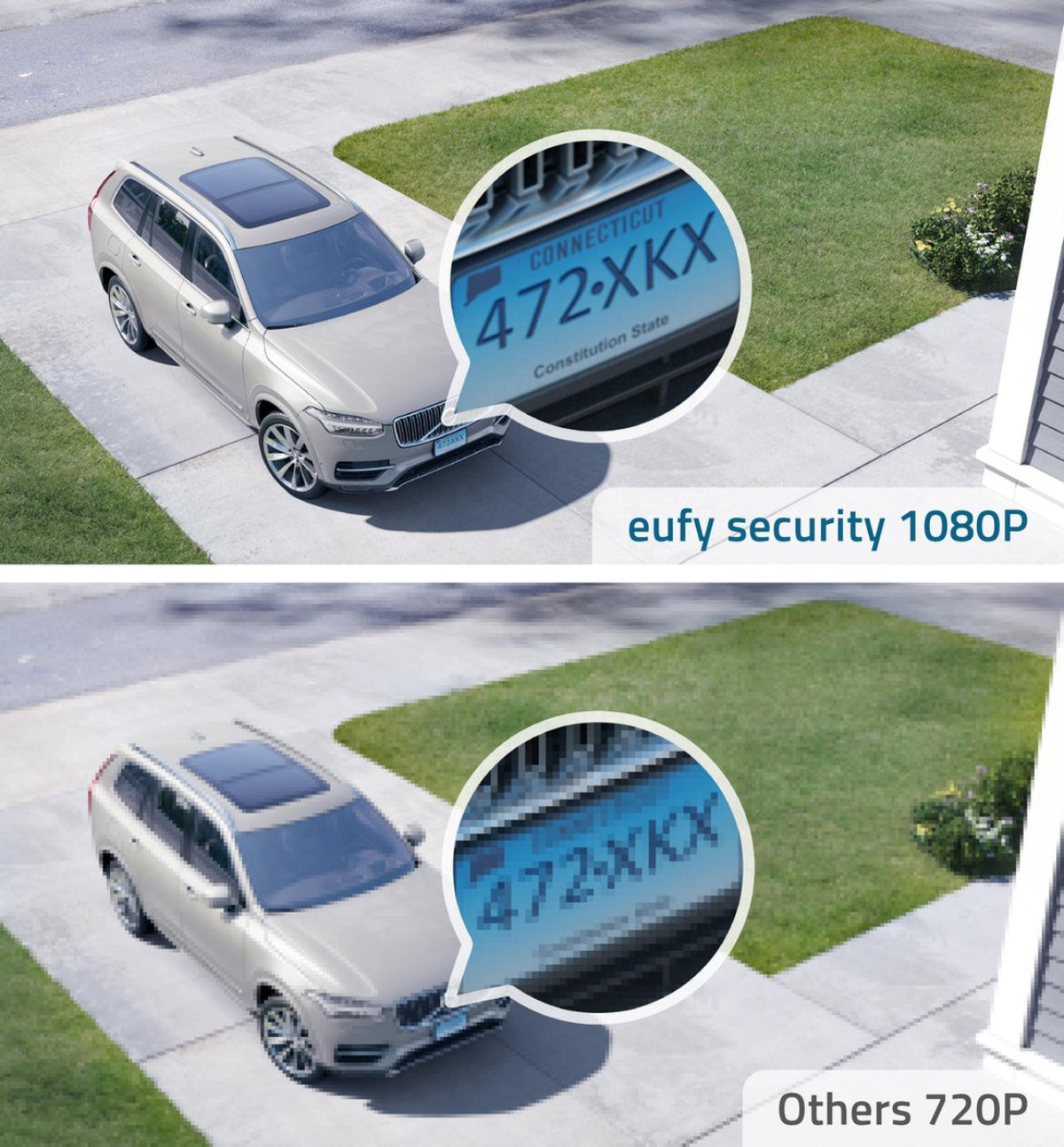 Widok z góry na samochód zaparkowany na podjeździe, z bliska tablicy rejestracyjnej. Widoczna jest również zielona trawa i dom.