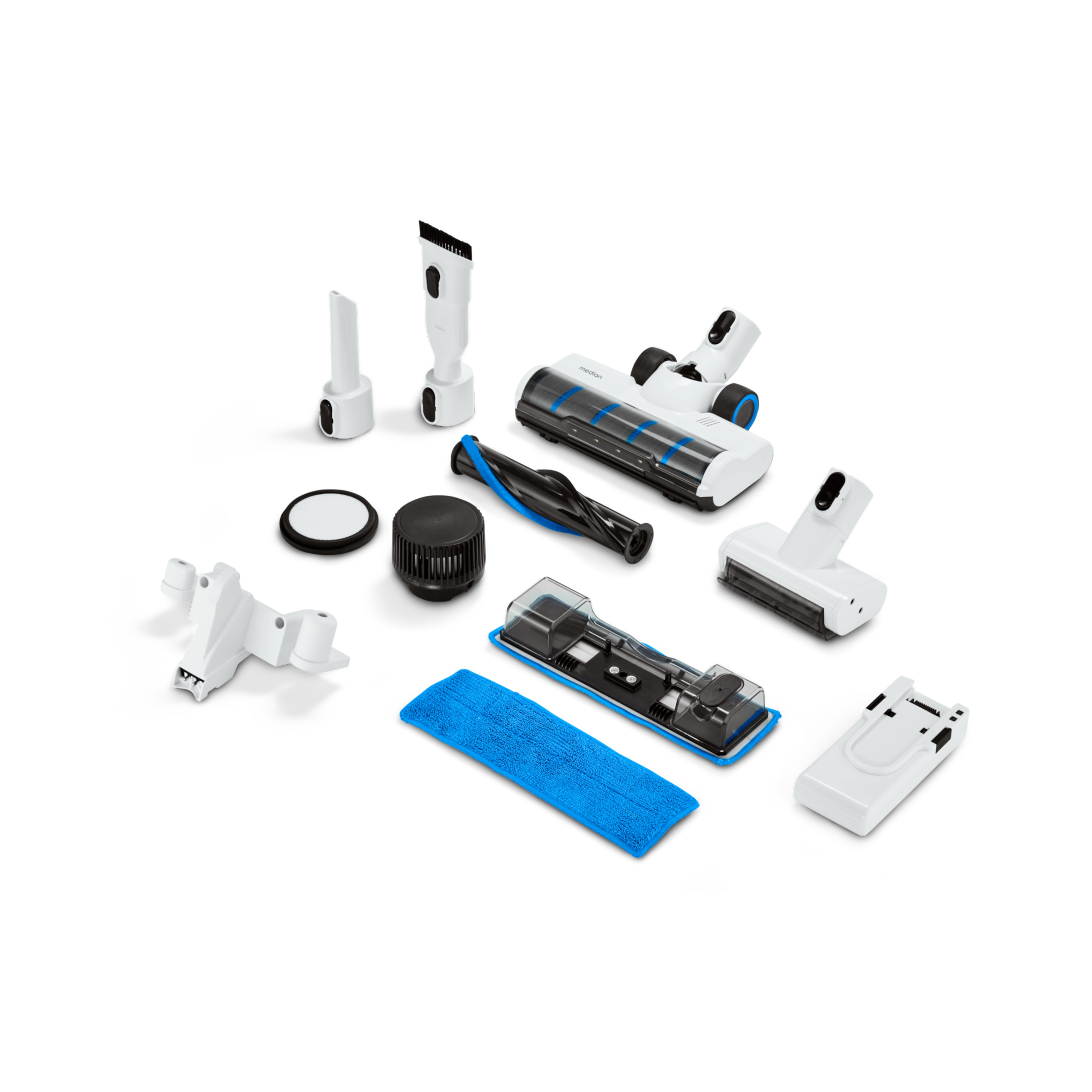Vacuum cleaner parts on white. Includes main unit, brushes, filter, and other attachments. All white with blue accents.