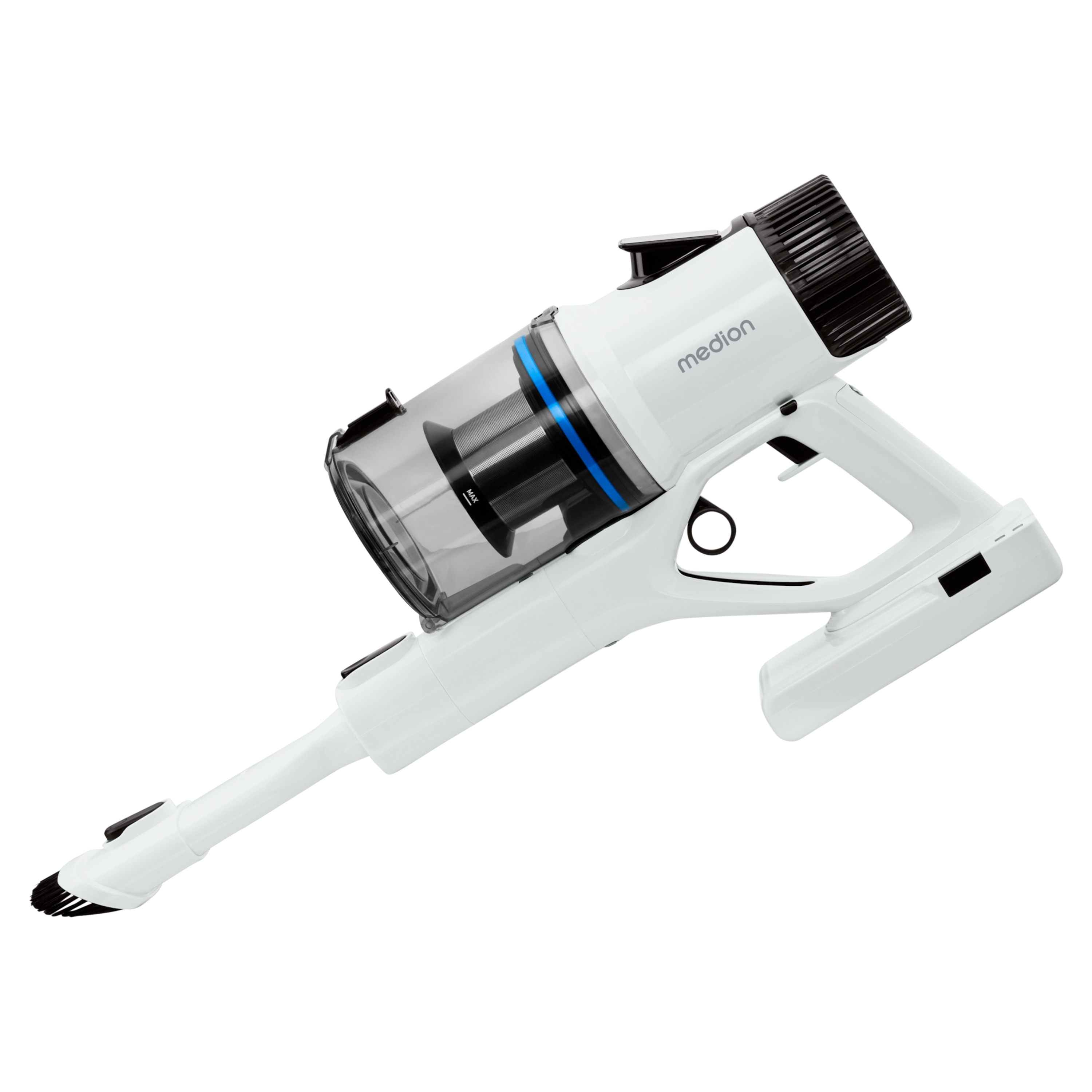 A white and black cordless vacuum cleaner. The vacuum has a transparent dustbin and the brand name is Medion.