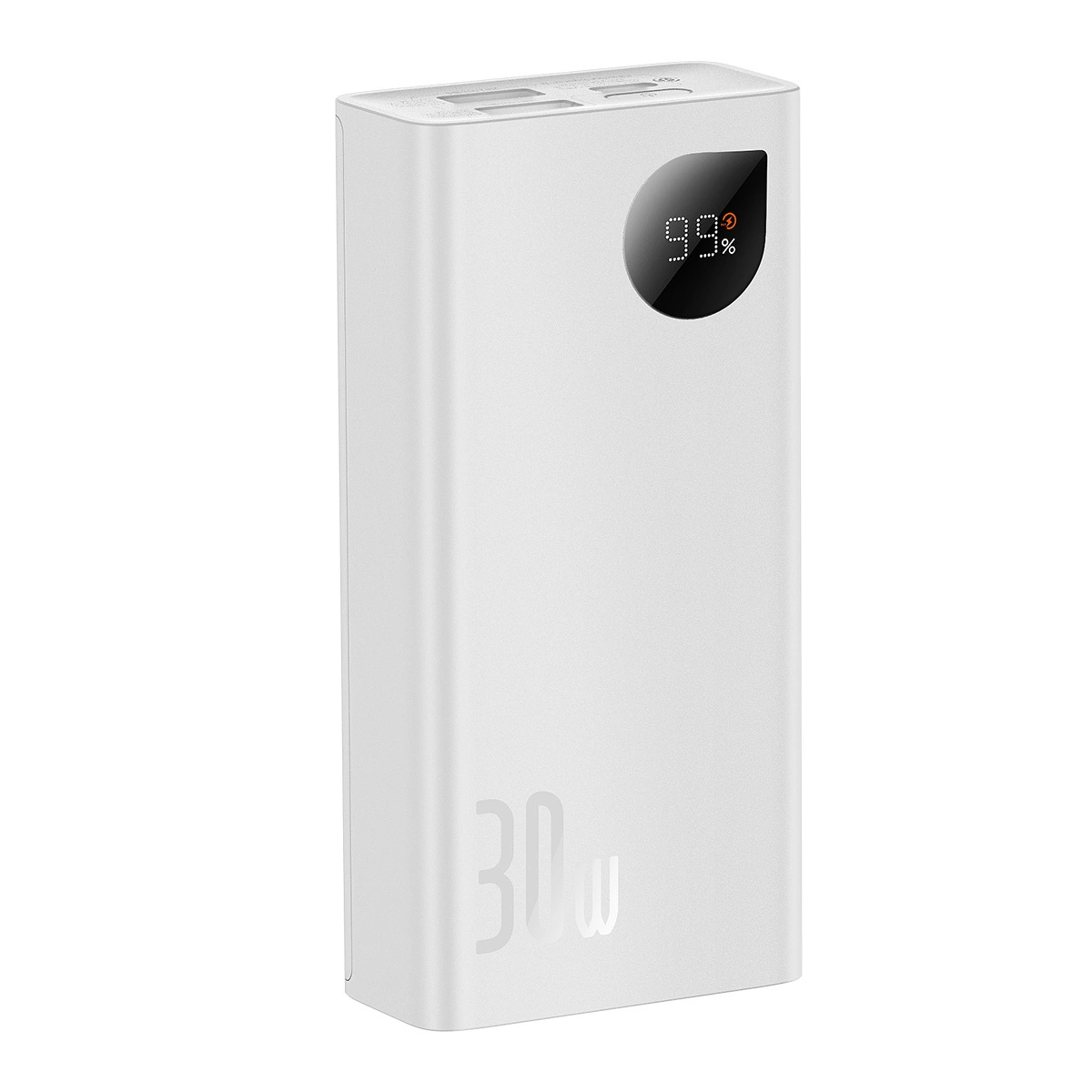 Biały power bank. Wyświetla 99% naładowania. Power bank ma wskaźnik 30W.