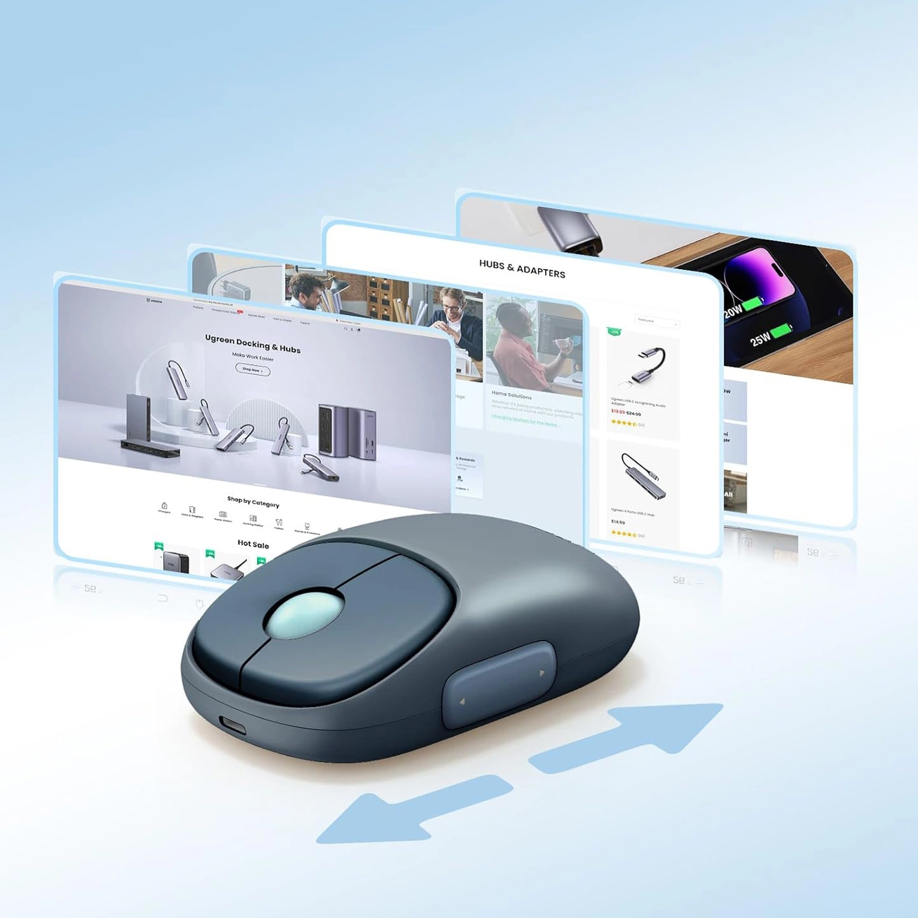 Mavi kaydırma tekerleği olan gri bir fare, web sitesi ekranlarının önünde. Web siteleri, hub'ları, adaptörleri ve şarj cihazlarını sergiliyor.