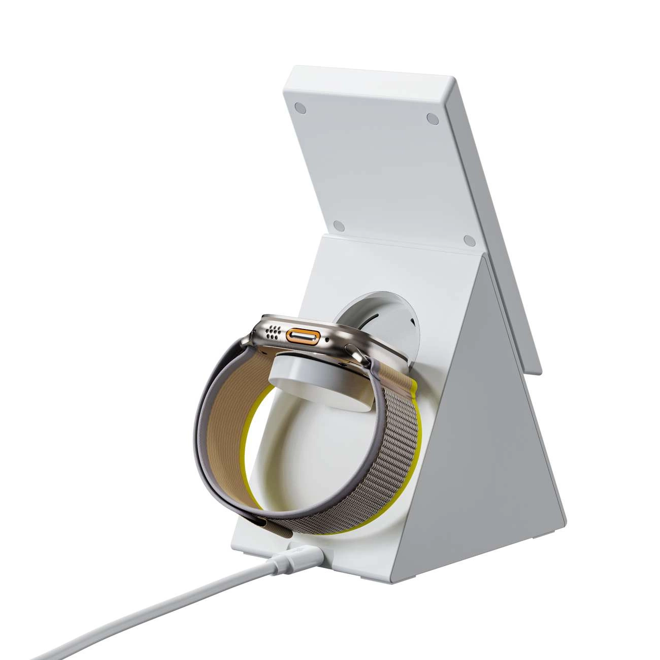Eine weiße Ladestation hält eine Smartwatch mit grauem und gelbem Band. Ein weißes Kabel ist mit der Station verbunden.