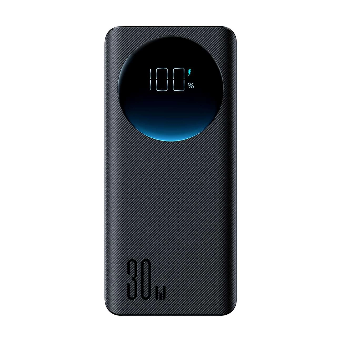 Eine schwarze Powerbank mit digitaler Anzeige, die 100 % Ladung anzeigt. Sie hat eine strukturierte Oberfläche und unten steht '30W'.