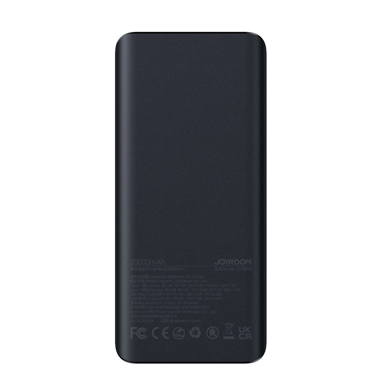 Eine schwarze Powerbank mit Text und Logos, einschließlich '20000mAh' und 'JOYROOM'. Sie hat abgerundete Ecken und eine glatte Oberfläche.